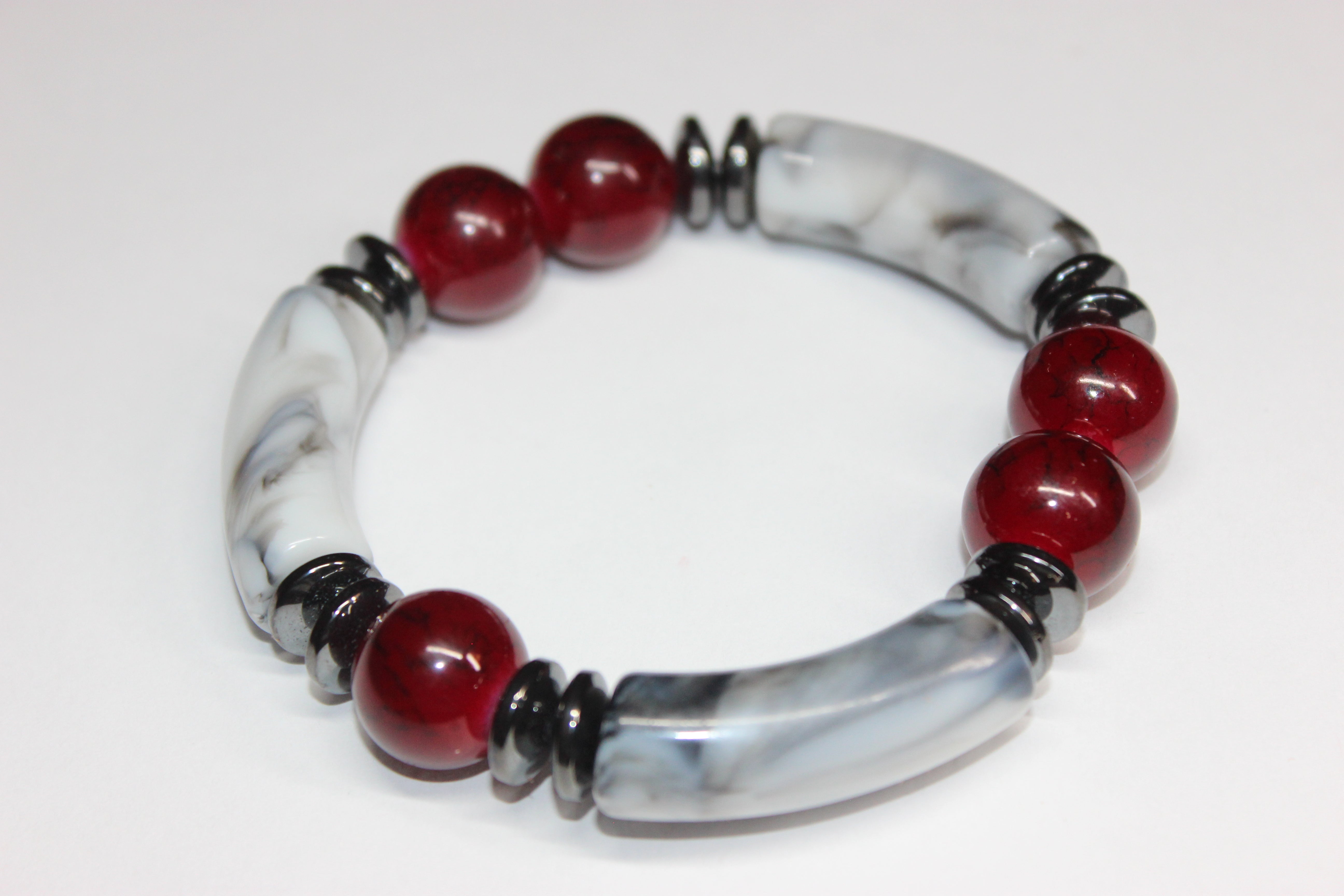 Red/Marble Grey & Black Beaded Bracelet