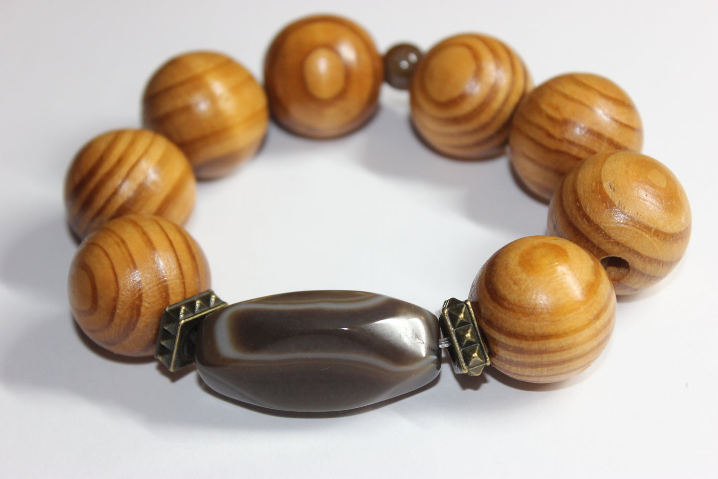 Brown Marble Smooth Stone Large Wood Beaded Bracelet