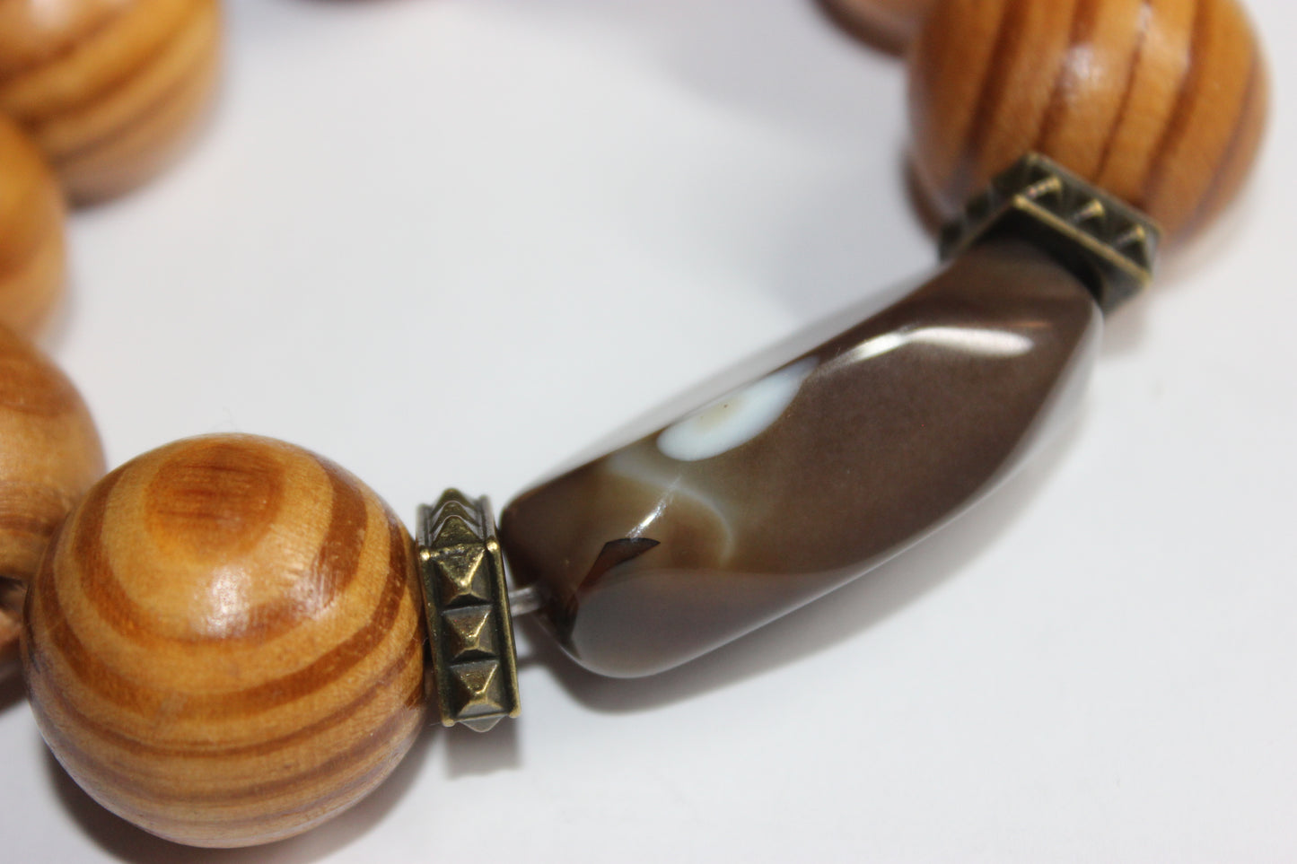 Brown Marble Smooth Stone Large Wood Beaded Bracelet