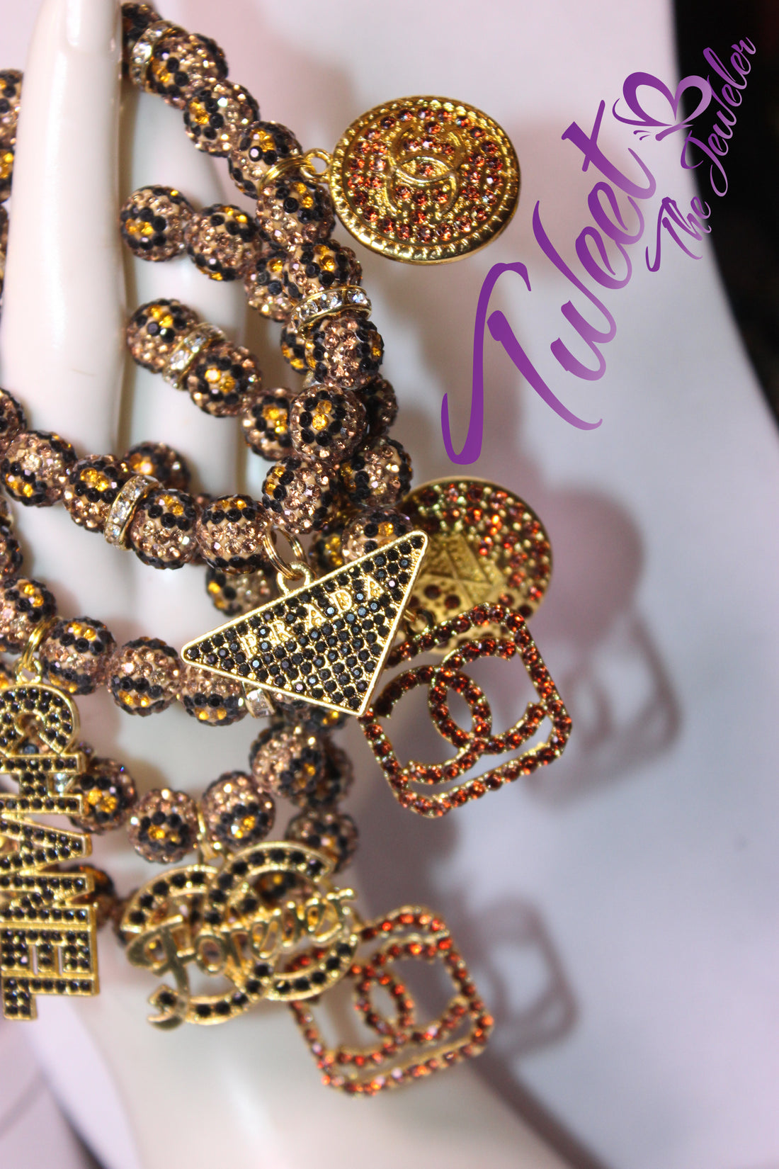 Animal Print 4 Piece Rhinestone Charm Bracelet Set Black/Brown/Gold/Topaz