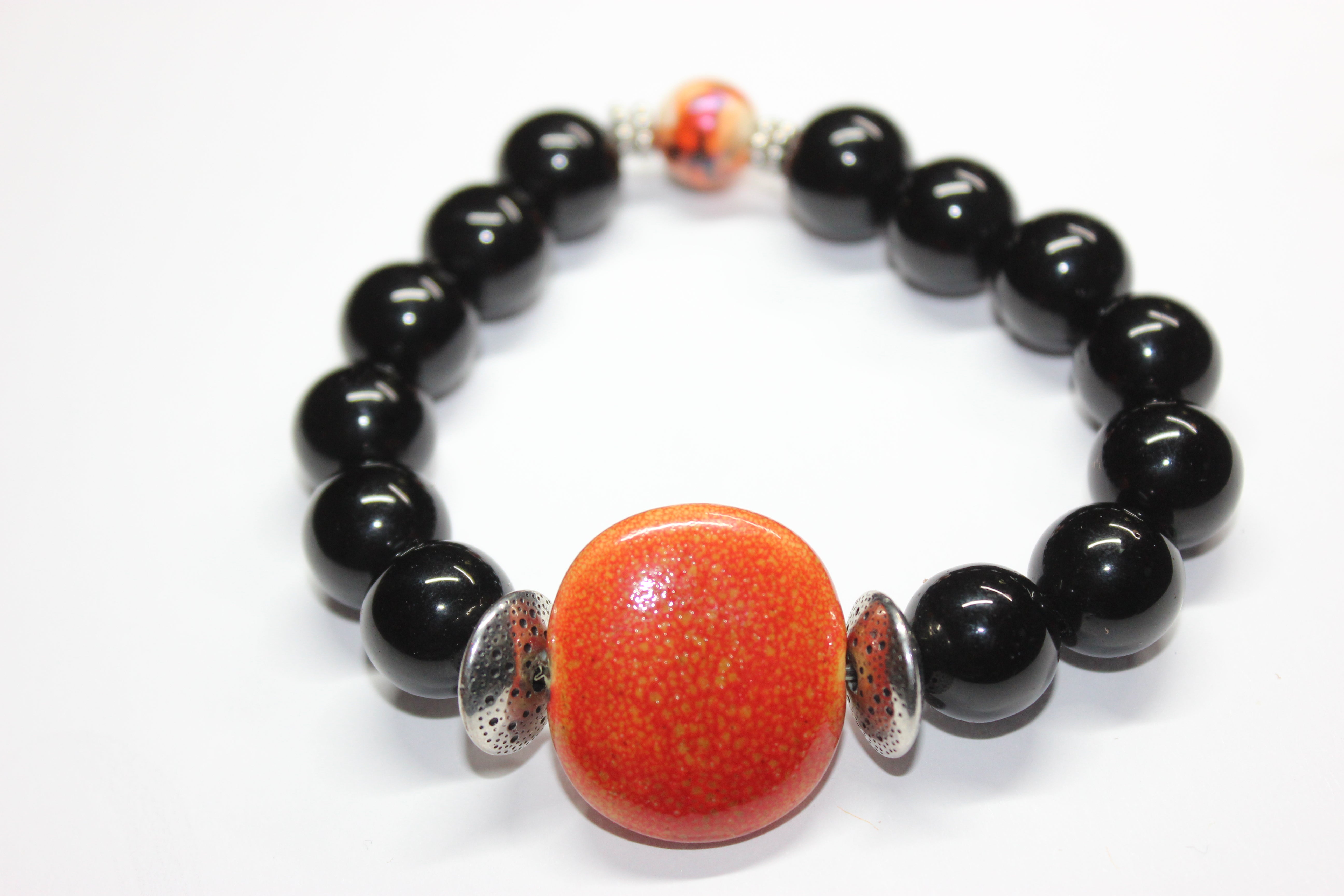 Black & Orange w/ Silver Beaded Bracelet
