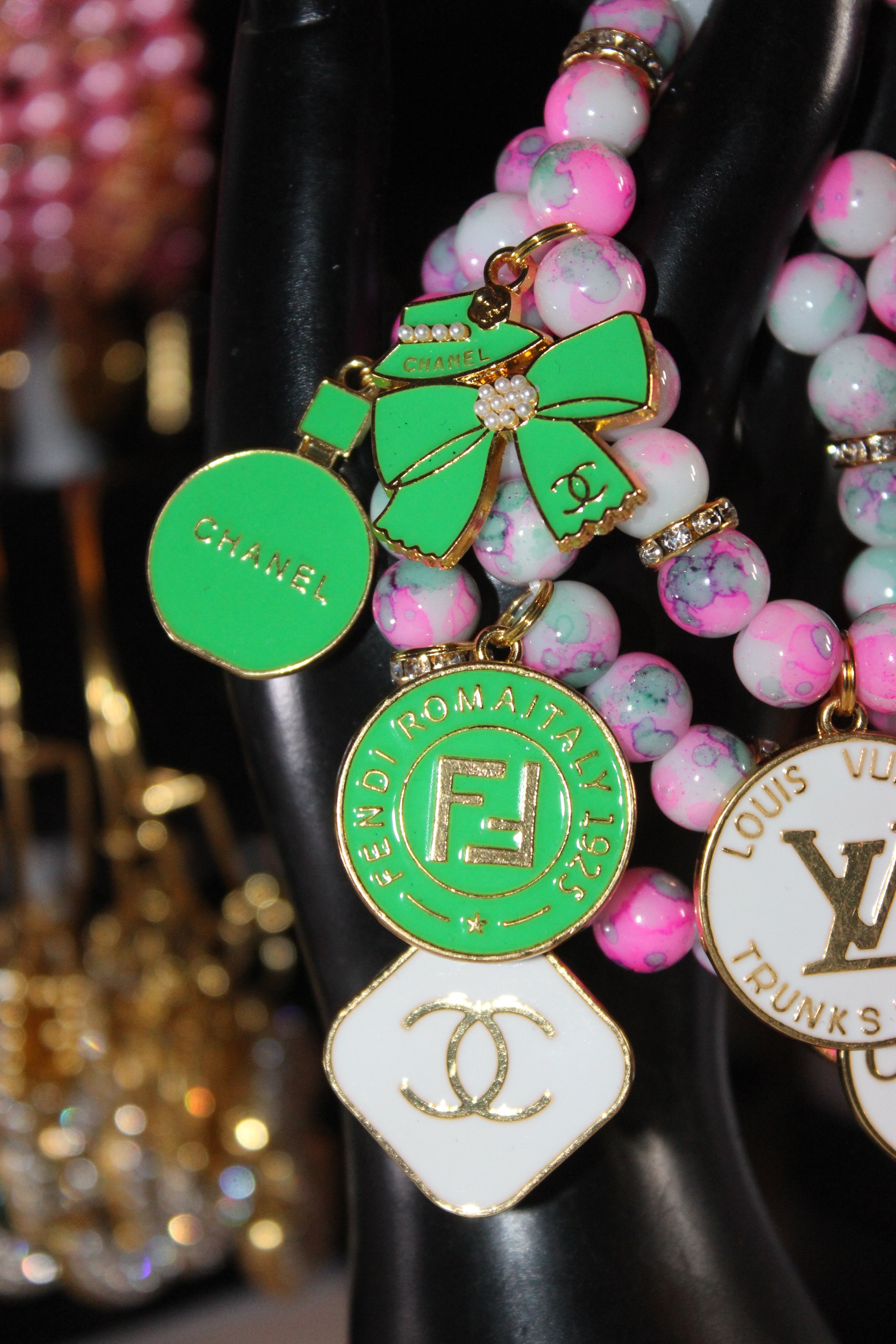 3 Piece Pink Green & White w/ Gold Charm Bracelet Set