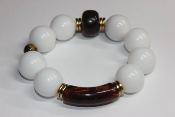Large White & Brown w/ Gold Beaded Bracelet