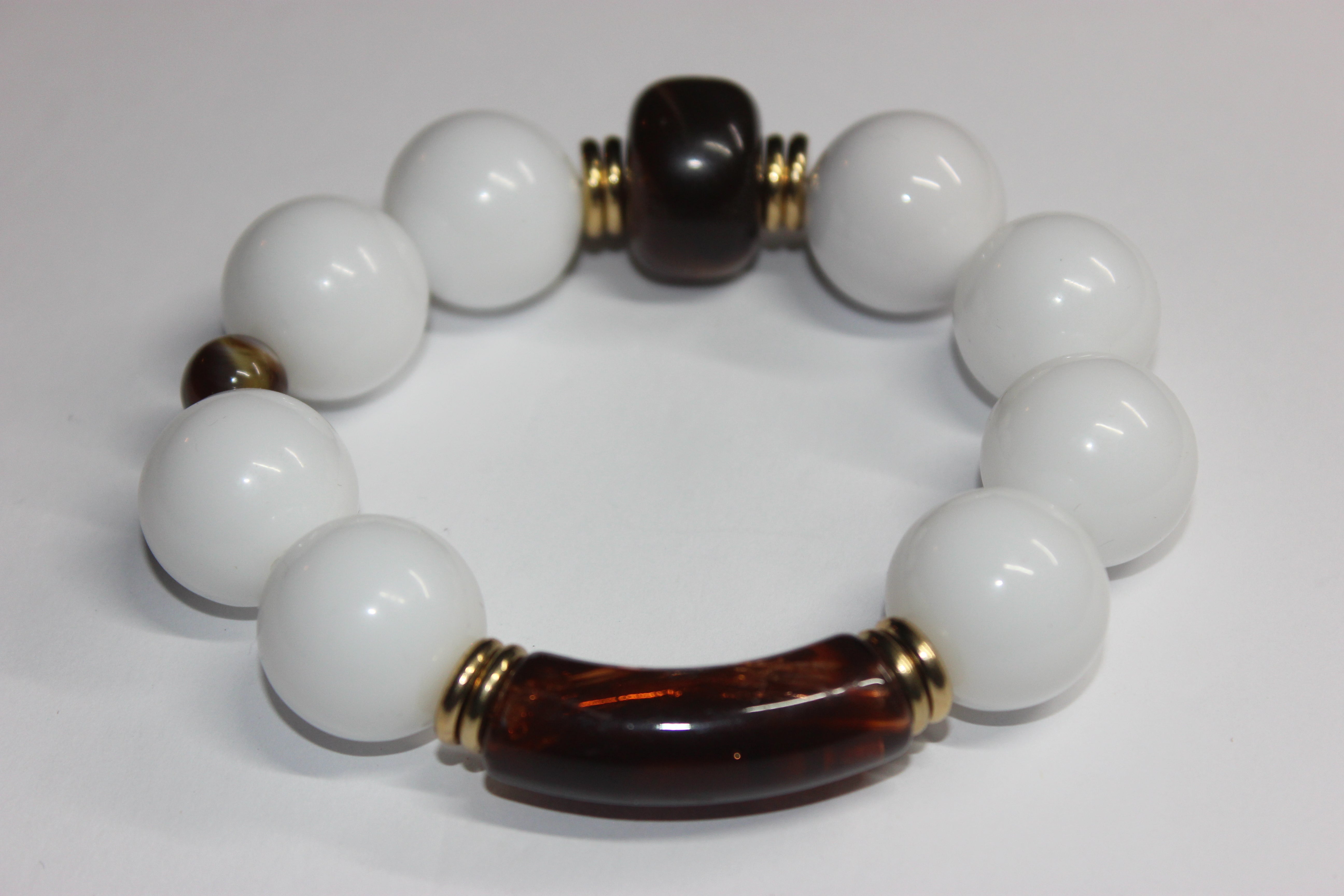 Large White & Brown w/ Gold Beaded Bracelet
