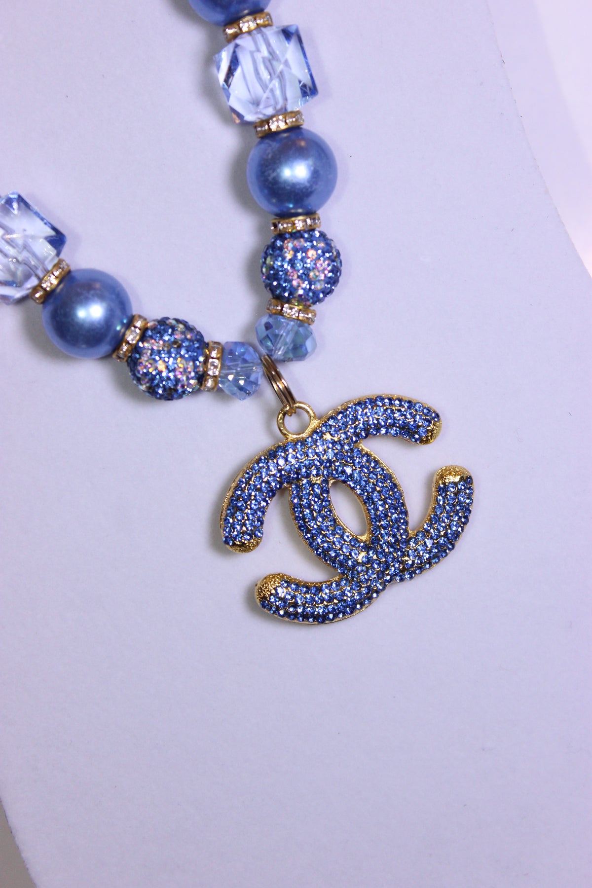 Light Blue Stonewashed Pearl & Rhinestone Charm Necklace & Earrings Set (Gold)