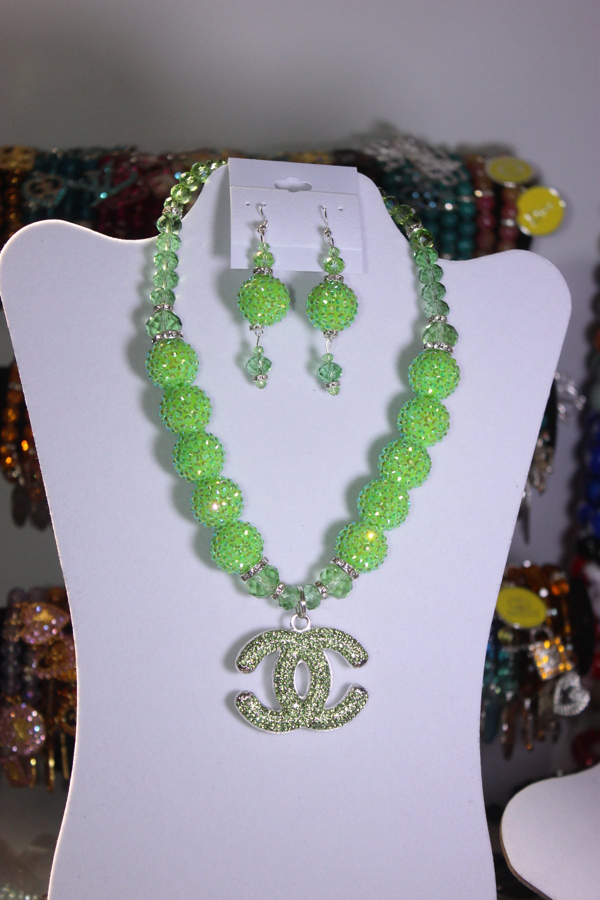 Green & Silver Rhinestone Charm Necklace & Earrings Set