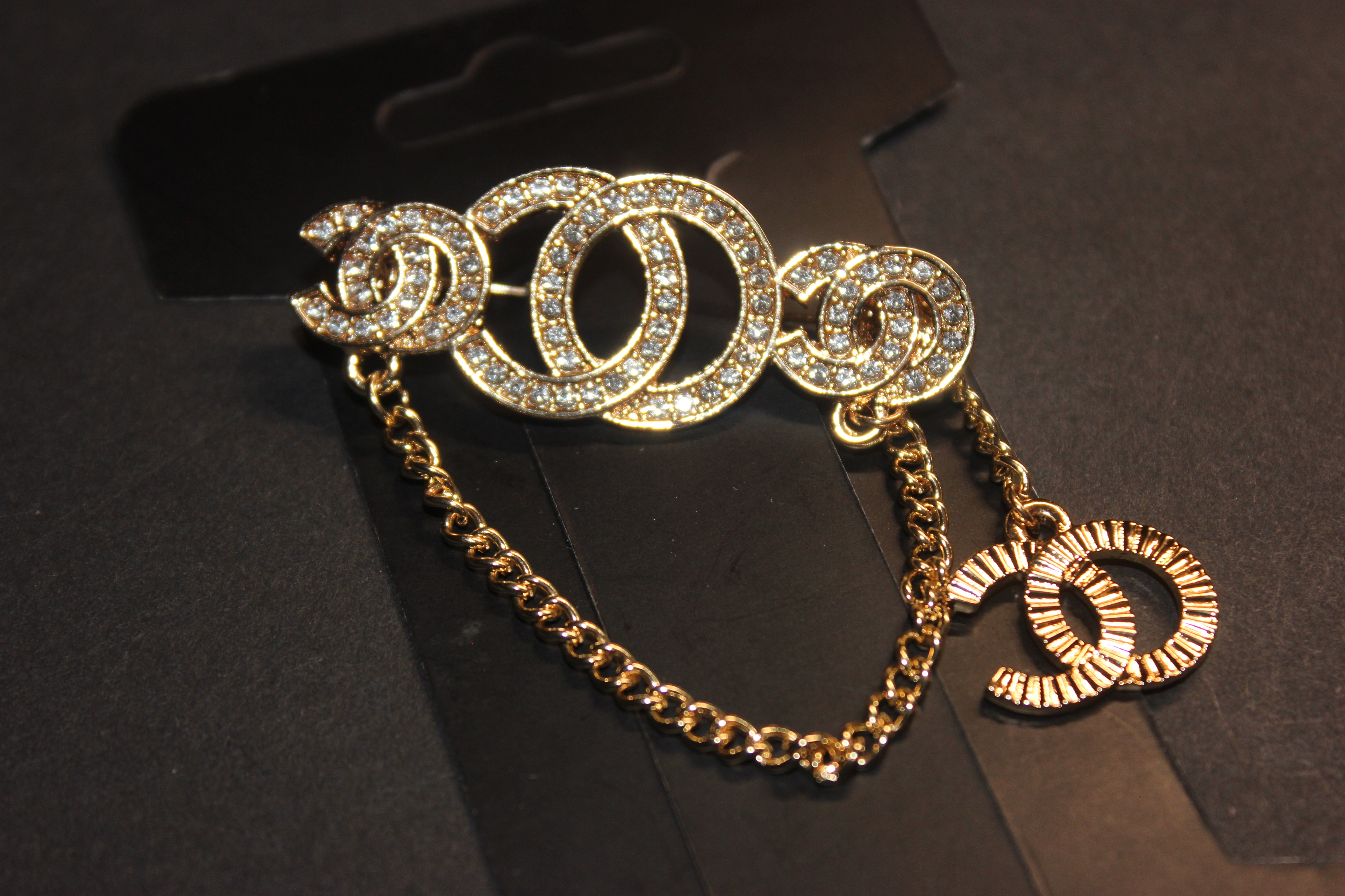 Gold Rhinestone Chain Brooch Pin