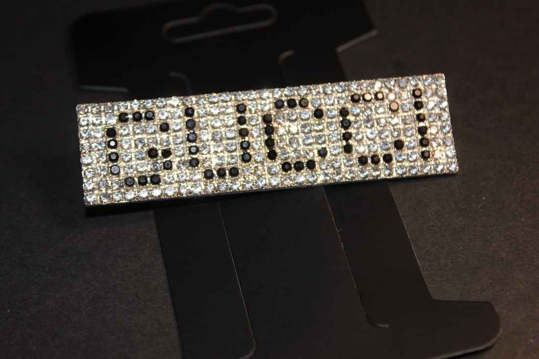 Rhinestone Brooch Pin Silver & Black Rectangle