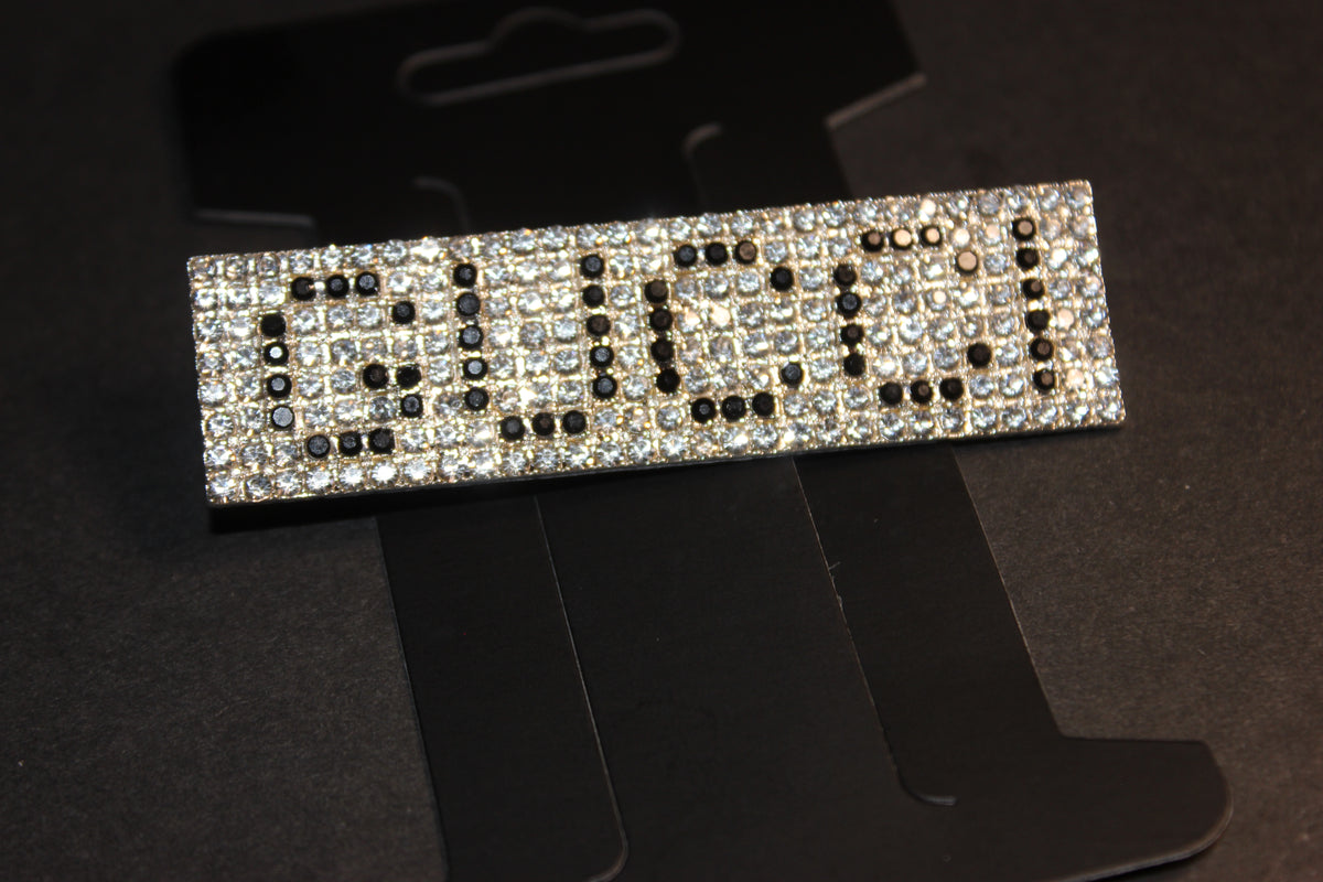 Rhinestone Brooch Pin Silver & Black Rectangle