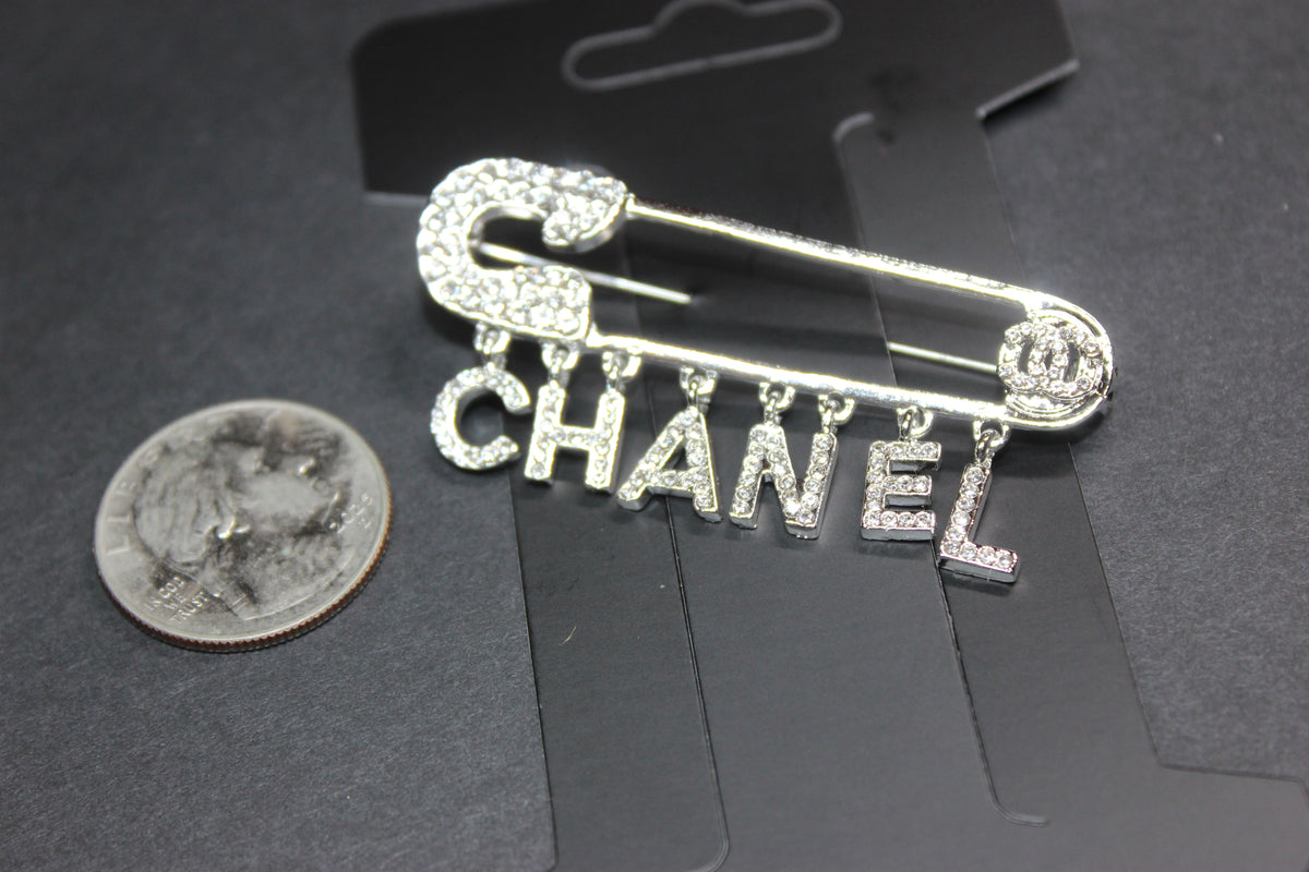 Silver Rhinestone Safety Pin Brooch