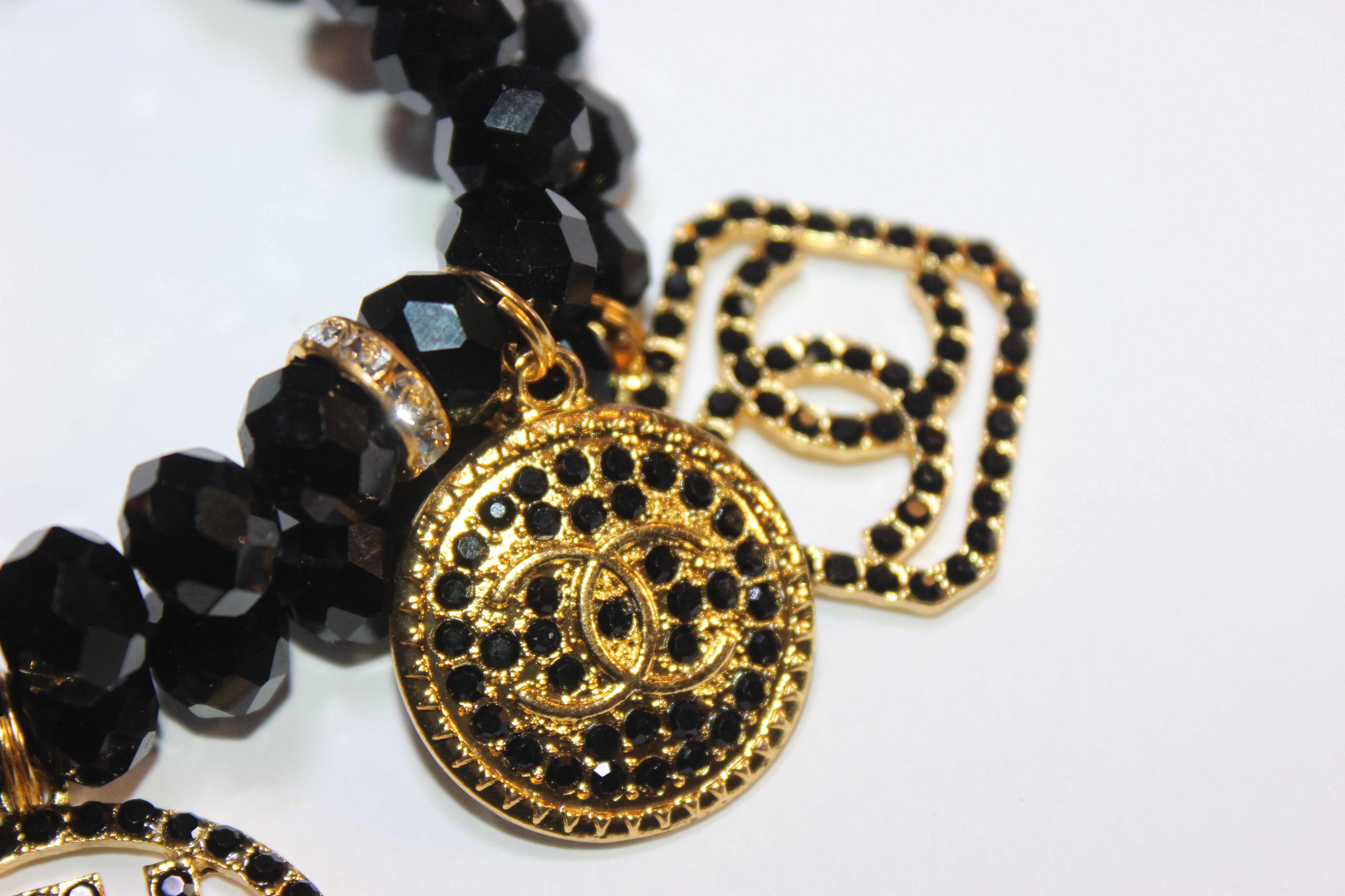 Black & Gold 2 Piece Crystal Charm Bracelet Set