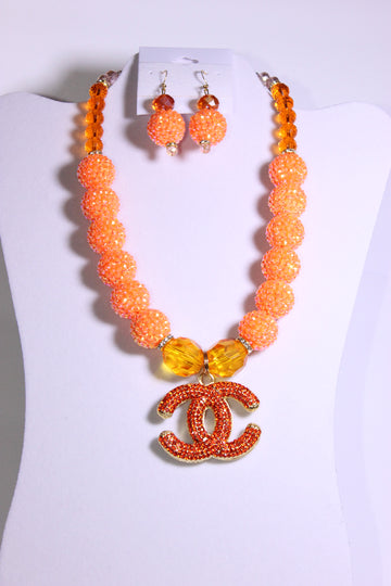 Shades Of Orange & Gold Rhinestone Charm Necklace & Earrings Set