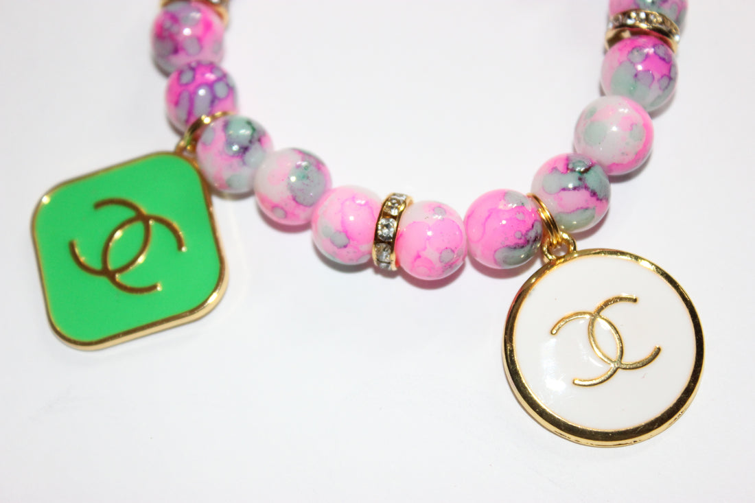 1 Pink Green White w/ Gold Charm Bracelet