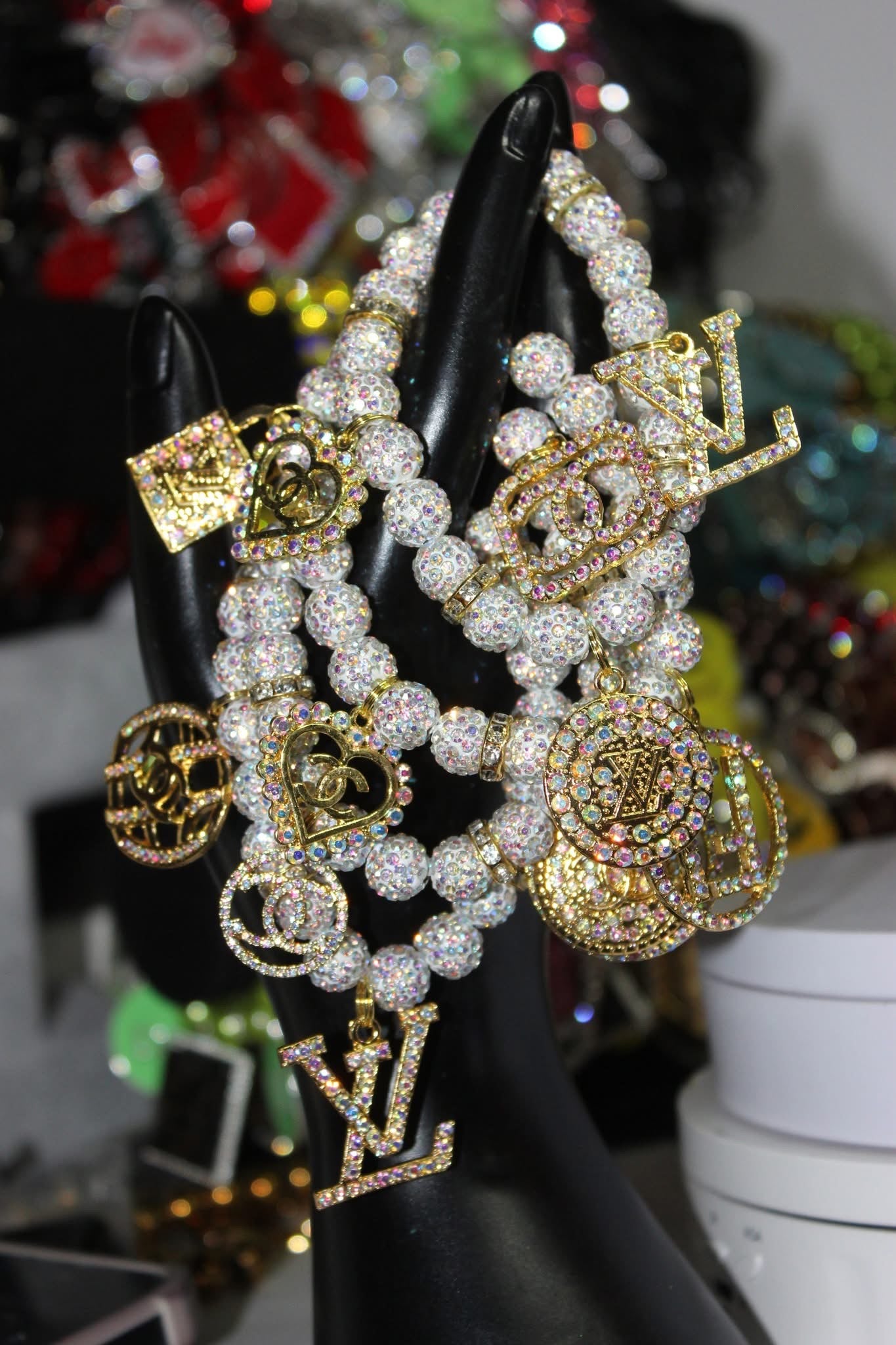4 Piece Iridescent & White w/Gold Charm Bracelet Set
