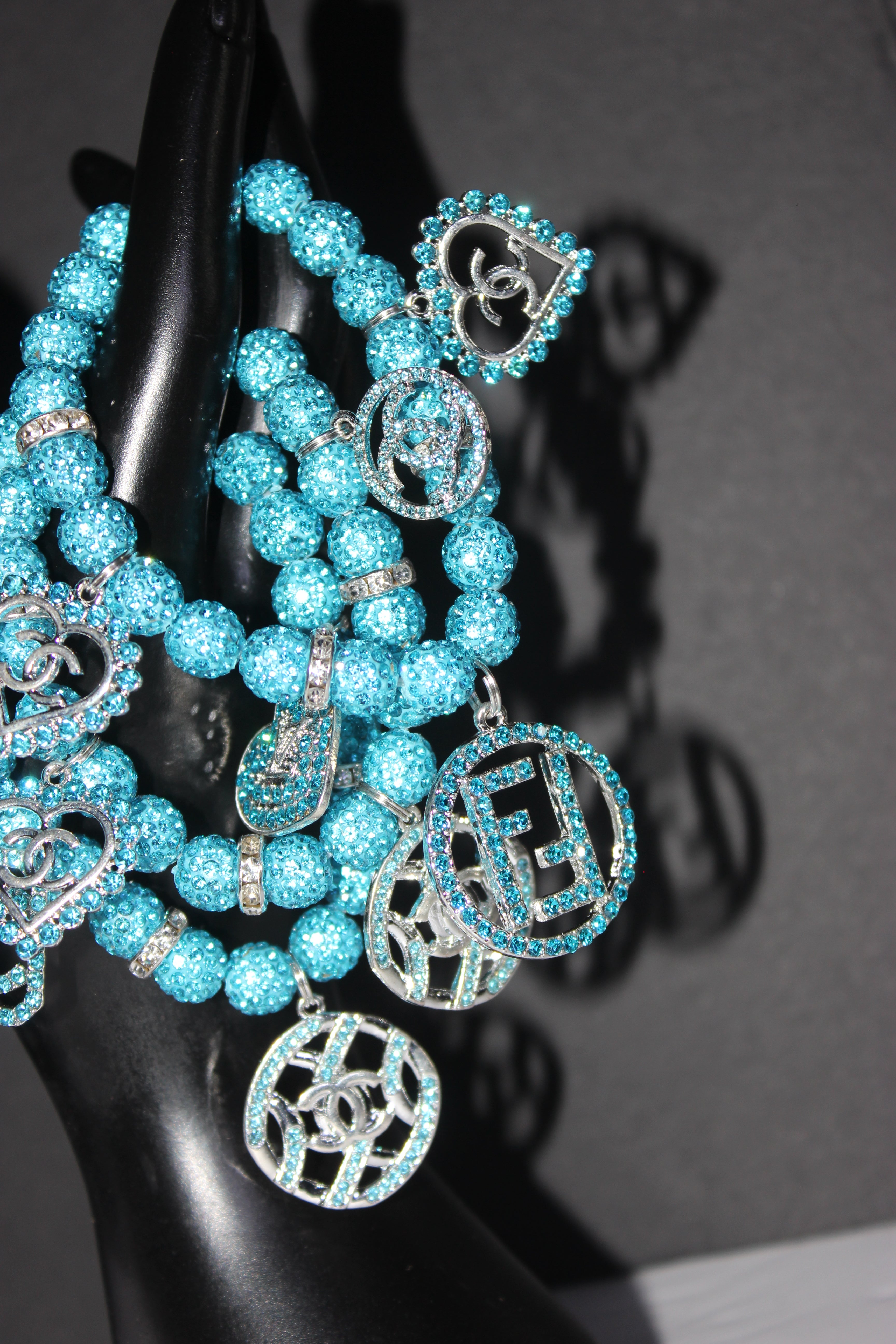 3 Piece Aquamarine & Silver Rhinestone Charm Bracelet Set