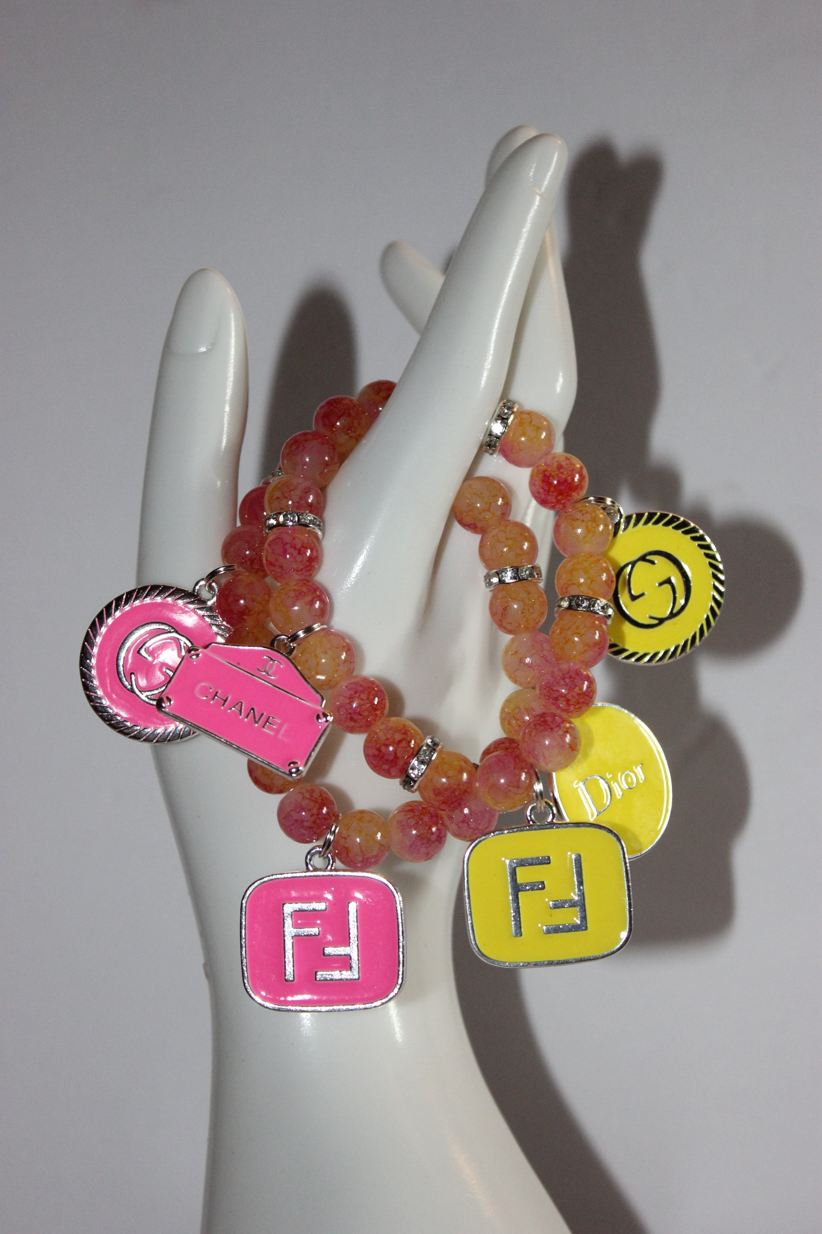 2 Piece Yellow/Pink with Silver Charm Bracelet Set