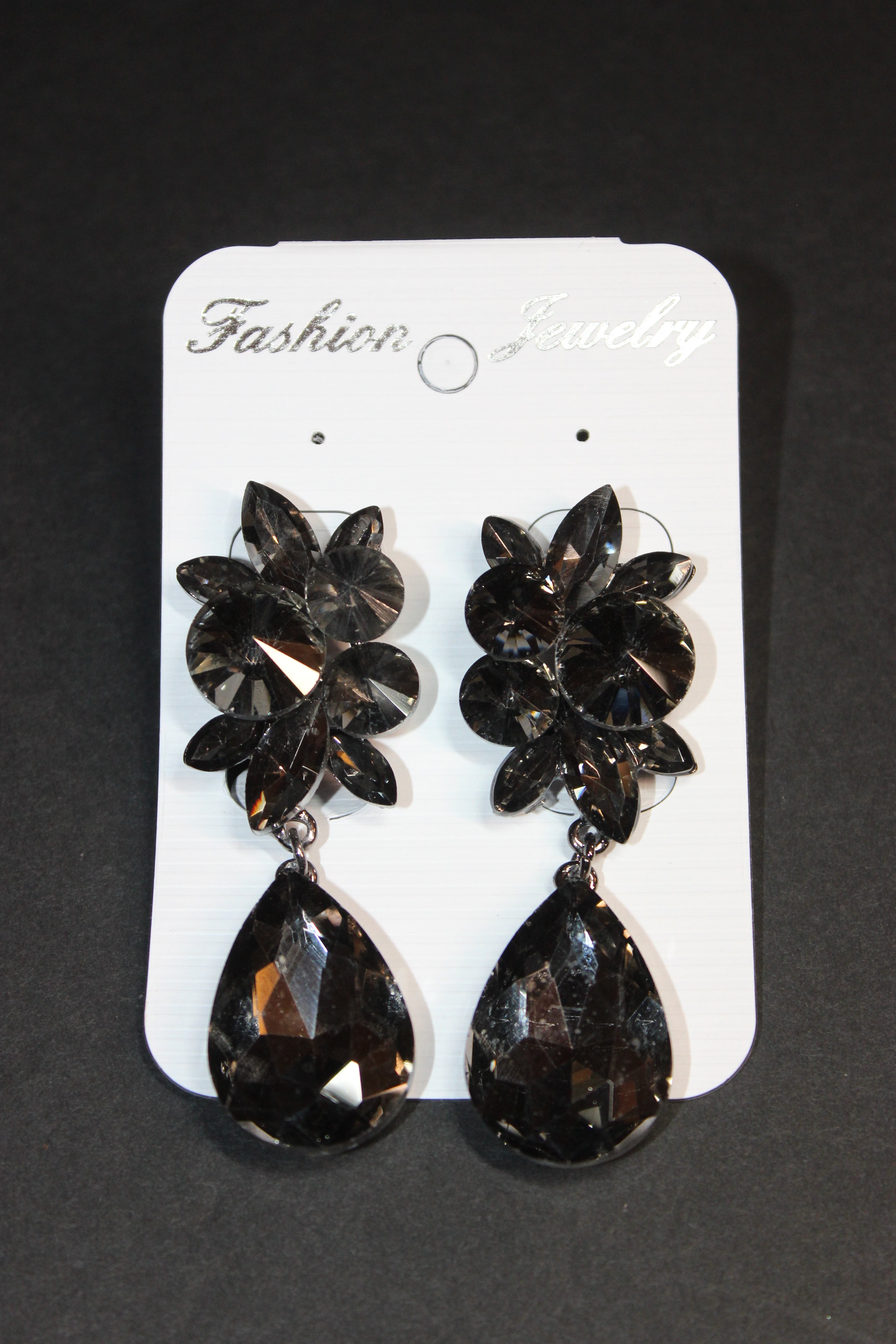 Clip On Smoke Grey Crystal Pineapple Drop Earrings