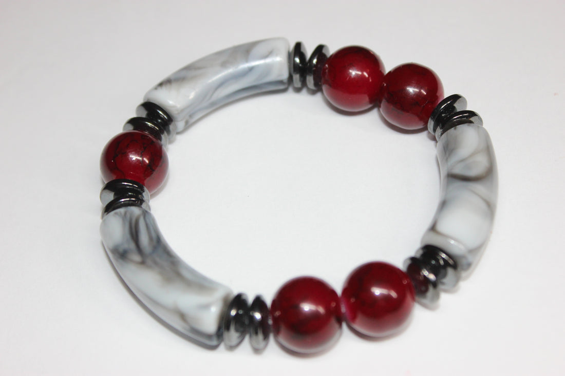 Red/Marble Grey & Black Beaded Bracelet