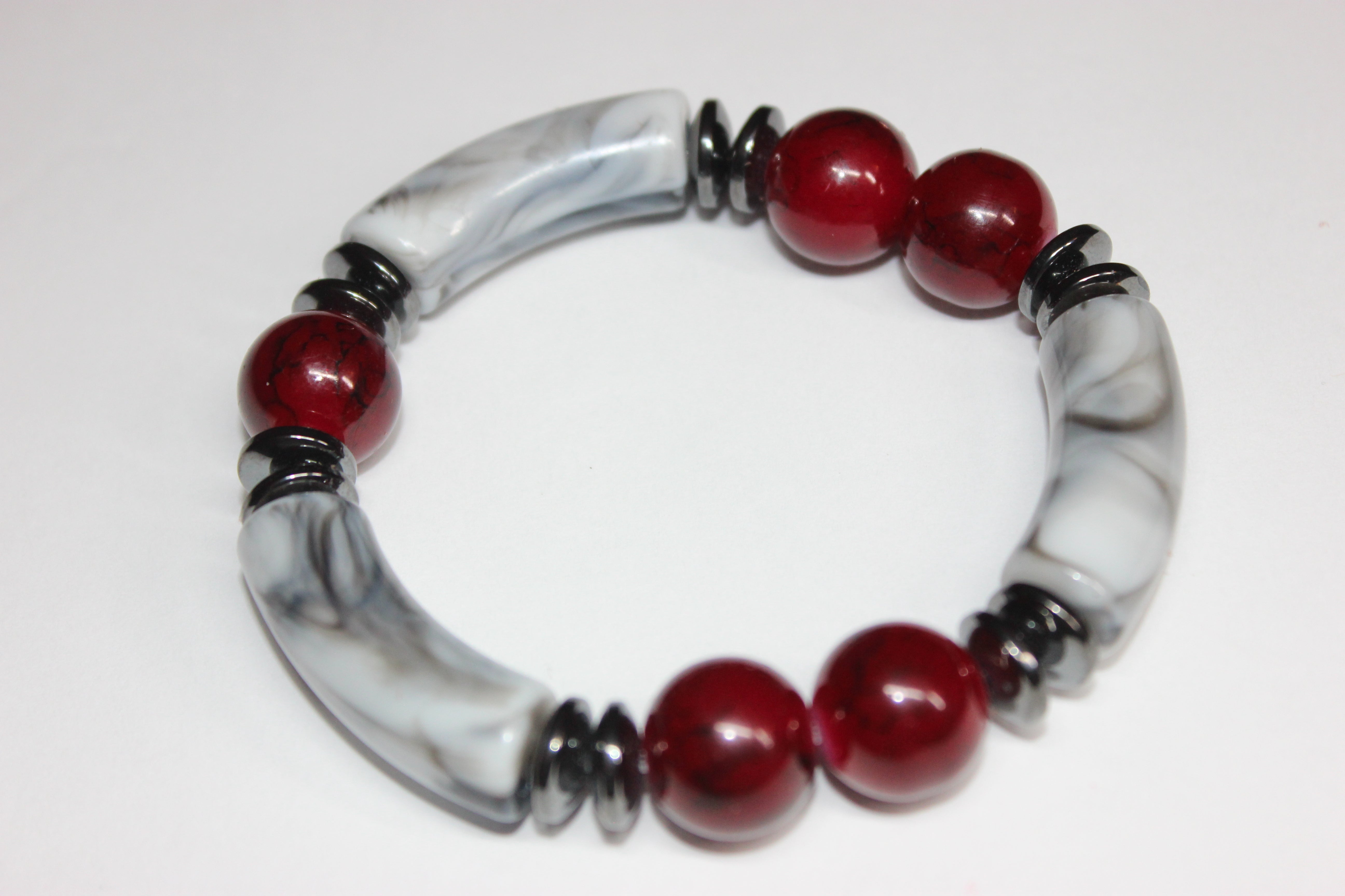 Red/Marble Grey & Black Beaded Bracelet