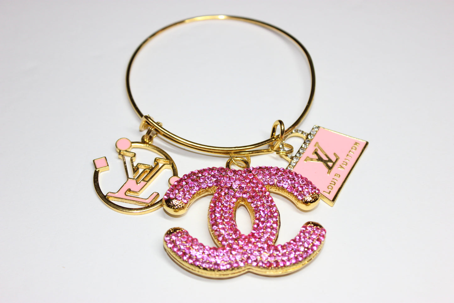 Pink & Gold Rhinestone Charm Bangle Bracelet