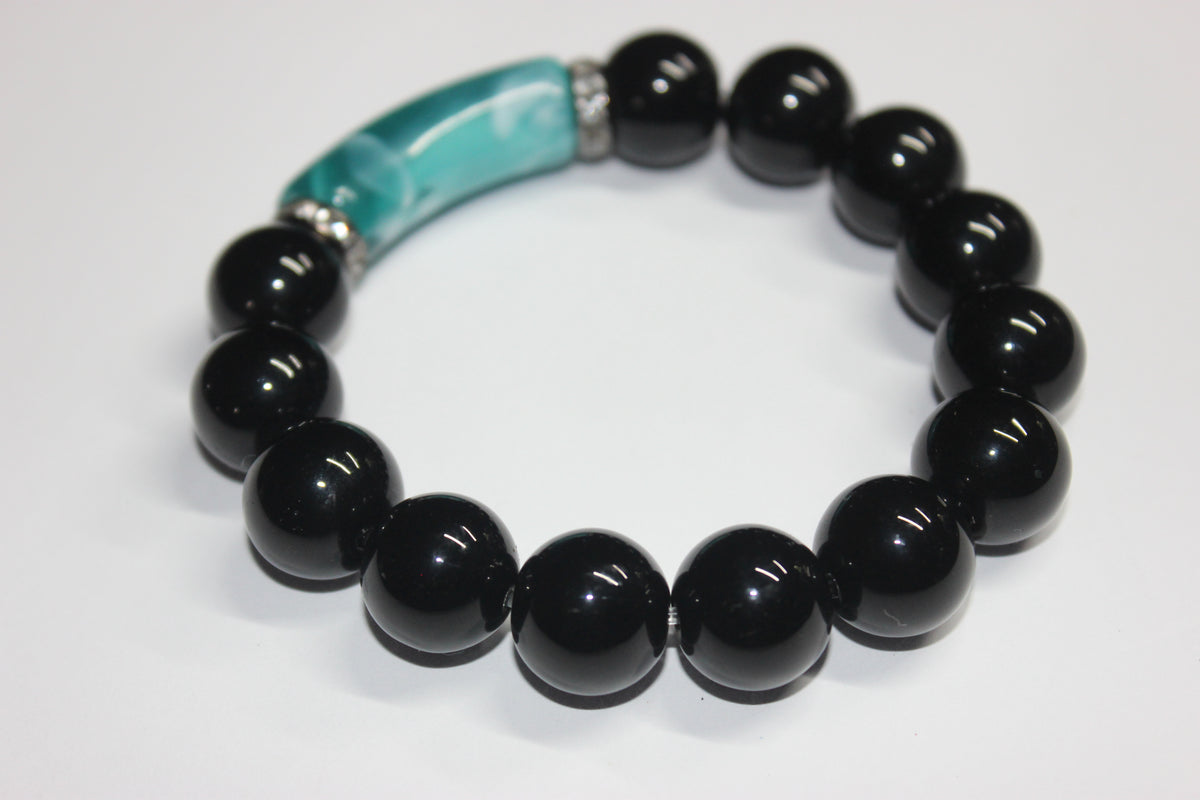 Black & Shades Of Turquoise w/ Silver Beaded Bracelet