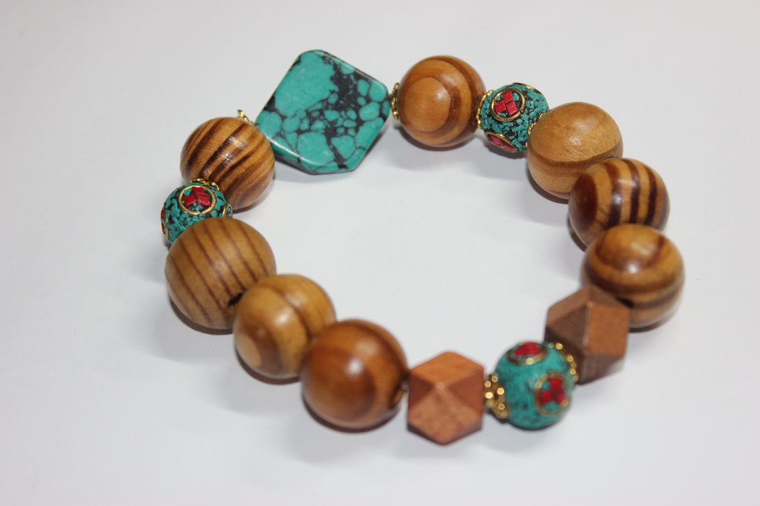 Shades Of Turquoise Wood Beaded Bracelet
