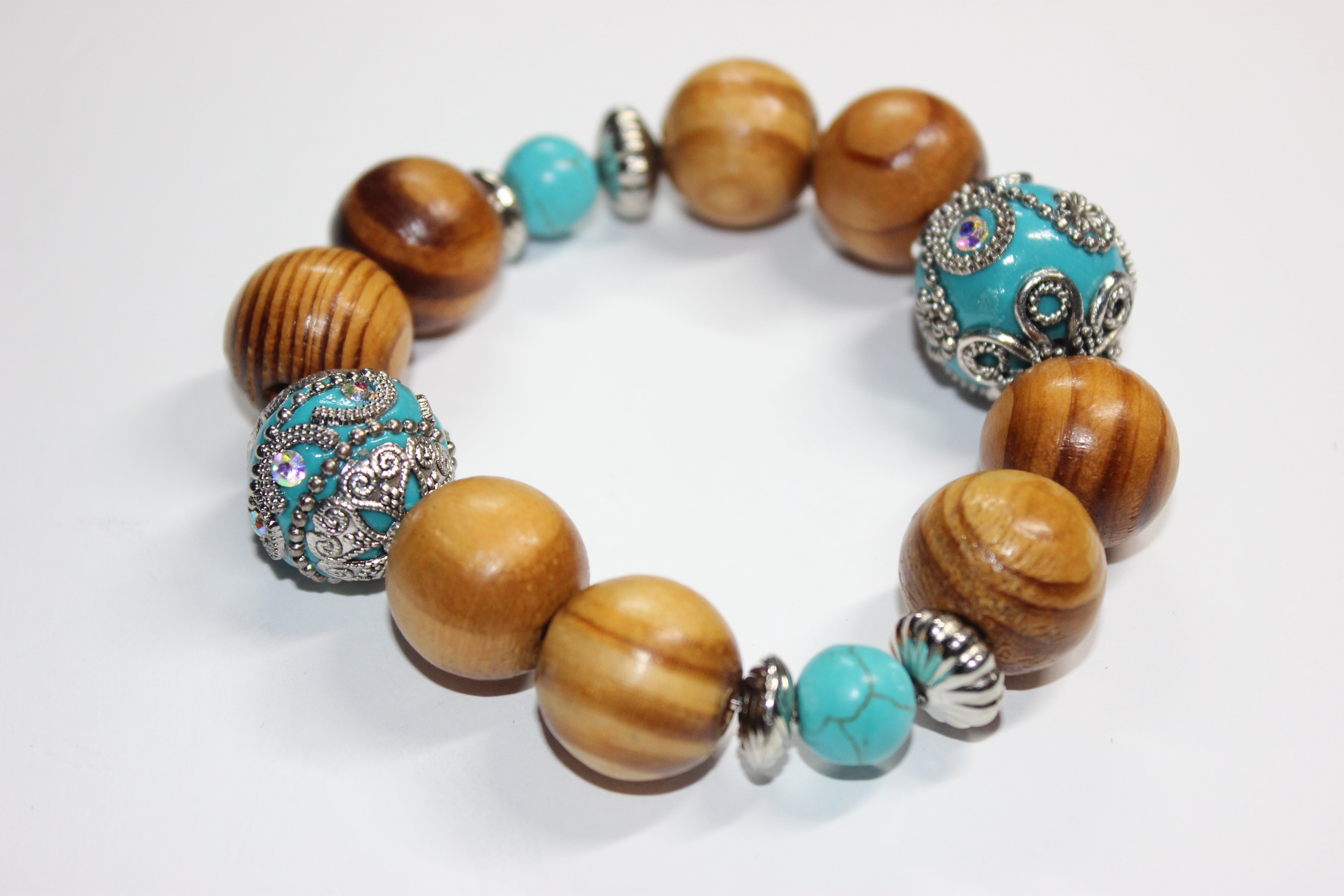 Wood & Turquoise Beaded Bracelet