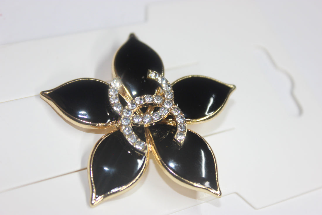 Black & Gold Rhinestone Brooch Pin