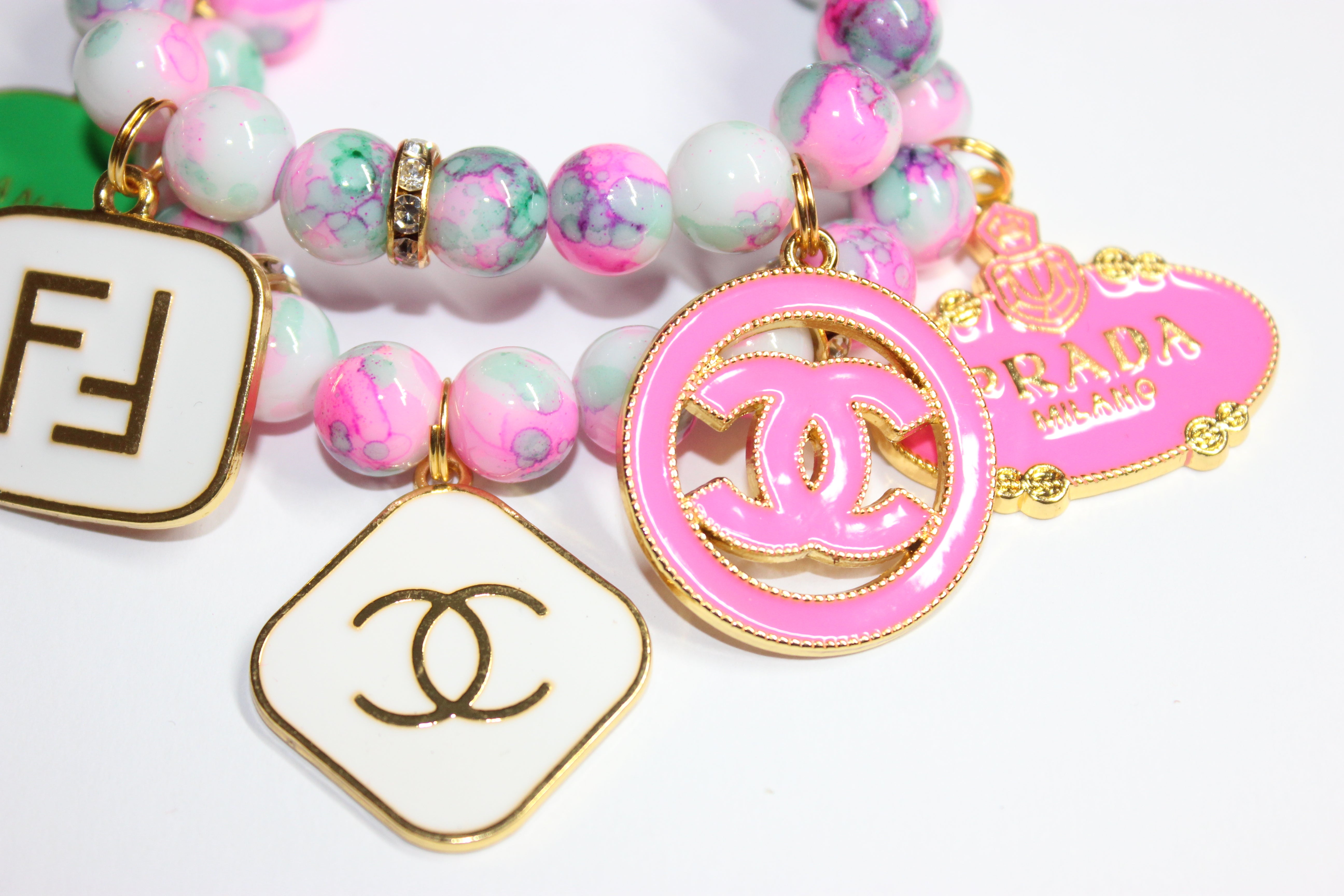 2 Piece White Green & Pink W/ Gold Beaded Charm Bracelet Set
