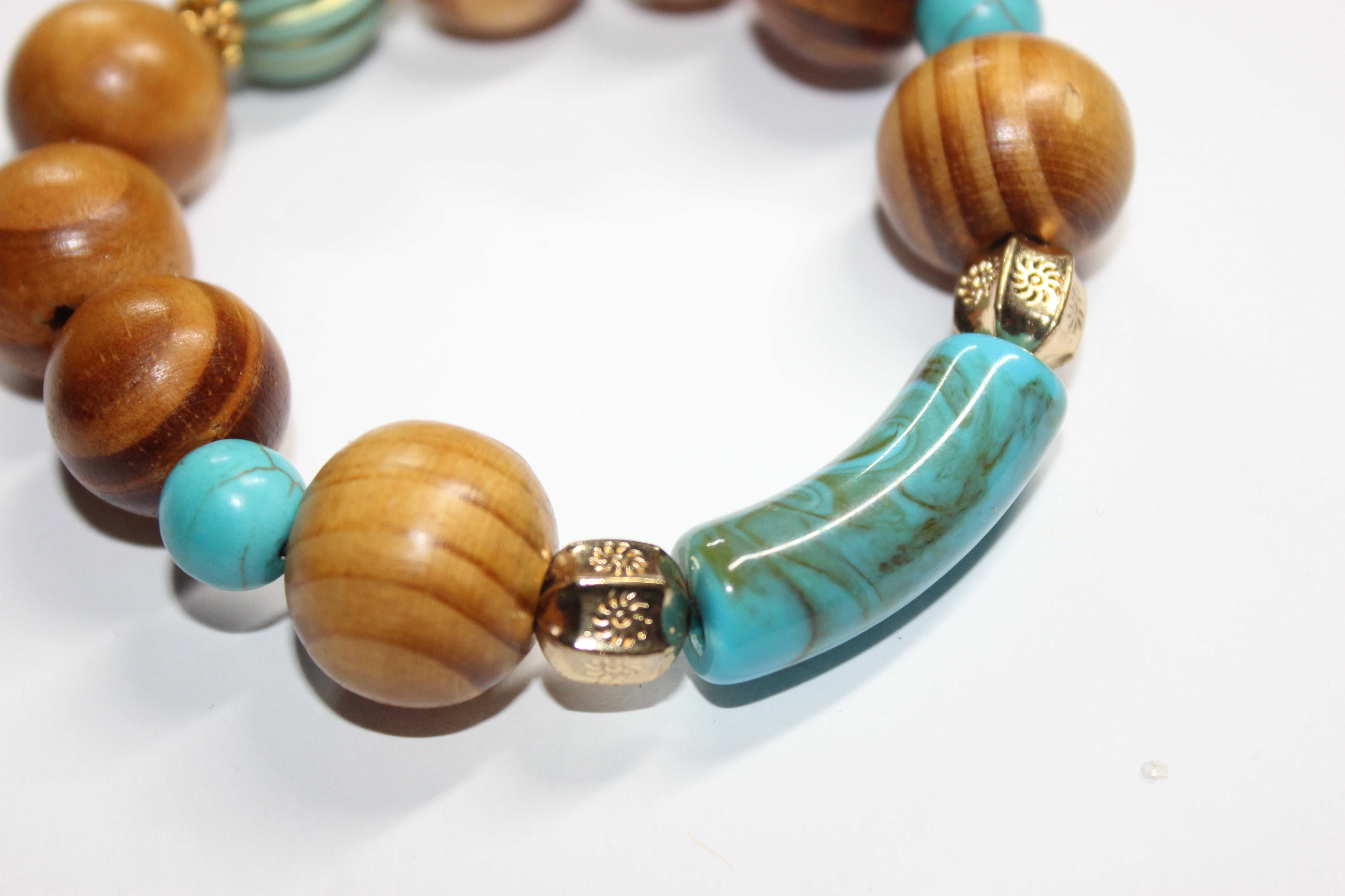 Wood Turquoise w/ Gold Beaded Bracelet