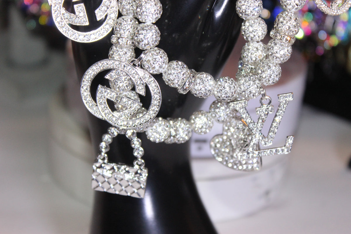 2 Piece White & Silver Rhinestone Charm Bracelet Set