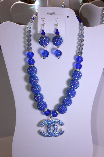 Blue/Silver/AB Rhinestone Charm Necklace & Earring Set