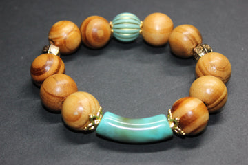 Turquoise W/Gold Wood Beaded Large Bracelet