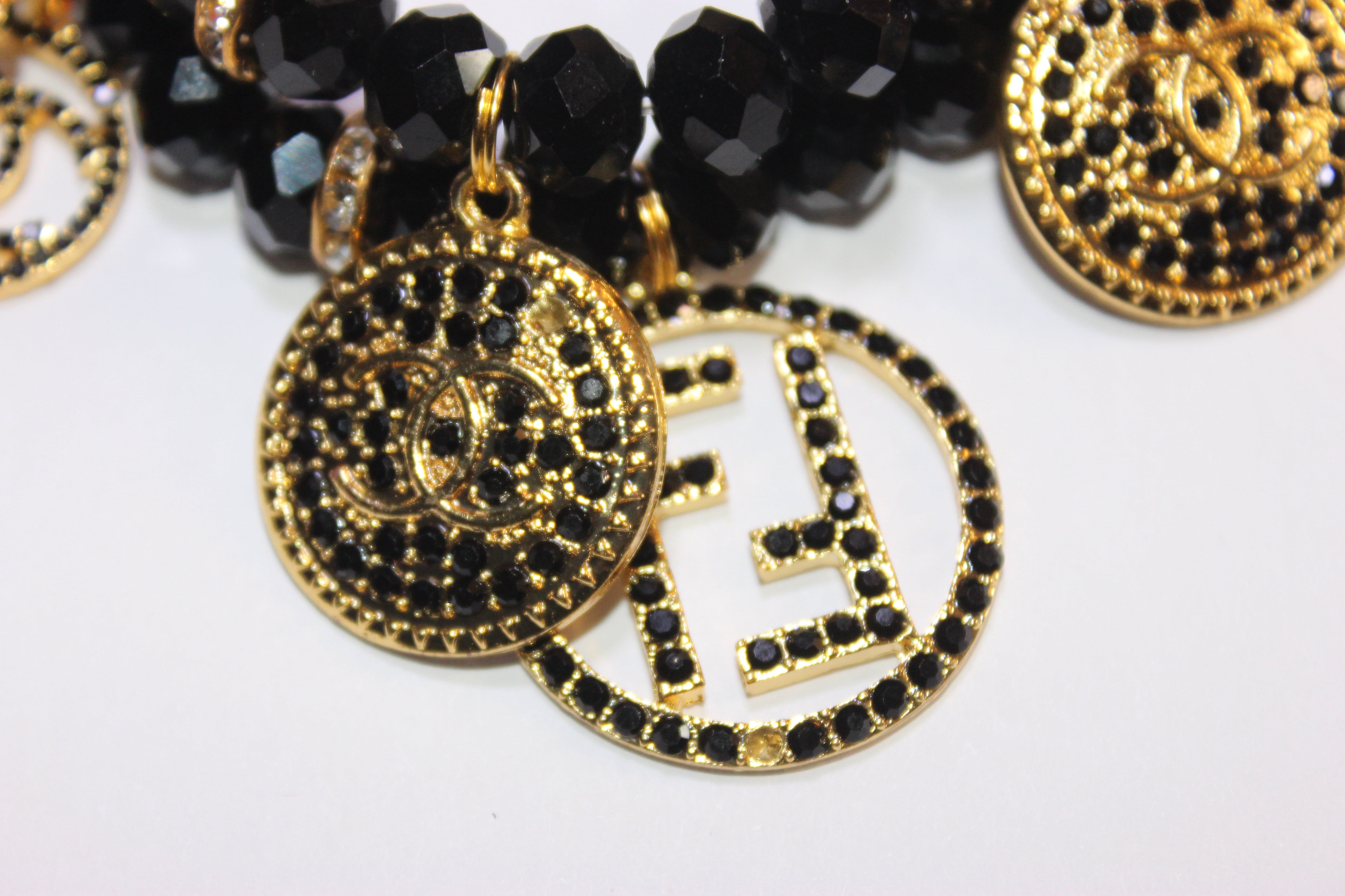 Black & Gold 2 Piece Crystal Charm Bracelet Set