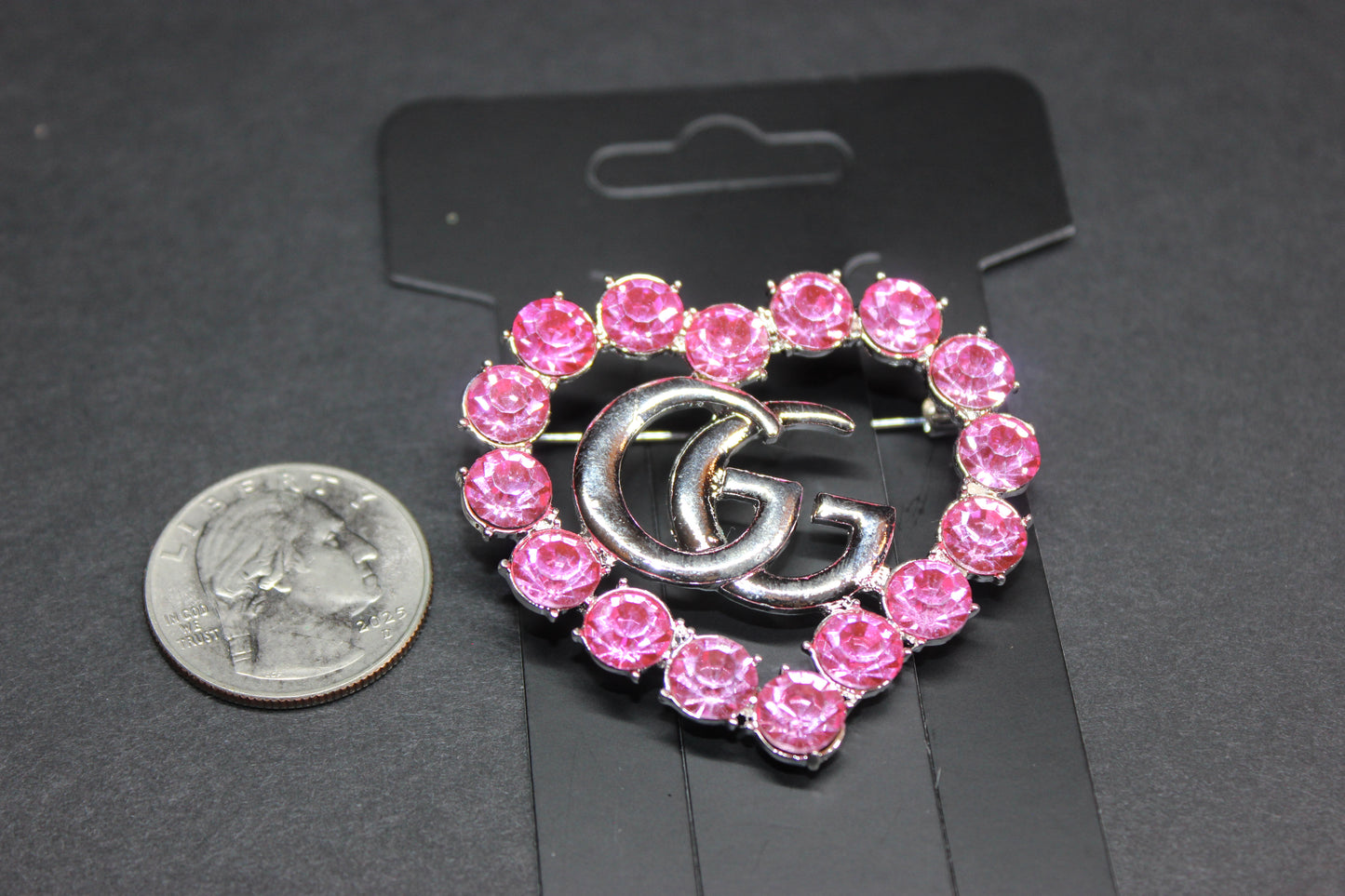 Pink & Silver Heart Rhinestone Brooch Pin
