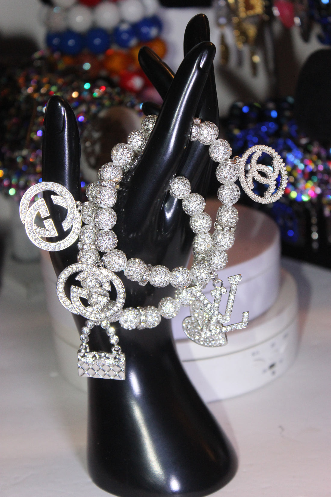 2 Piece White & Silver Rhinestone Charm Bracelet Set