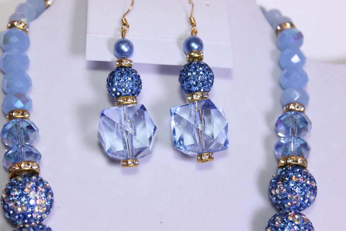 Light Blue Stonewashed Pearl & Rhinestone Charm Necklace & Earrings Set (Gold)