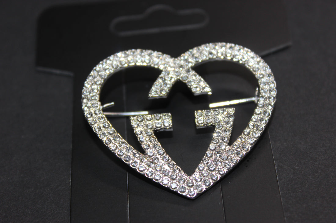 Silver Rhinestone Heart Brooch Pin
