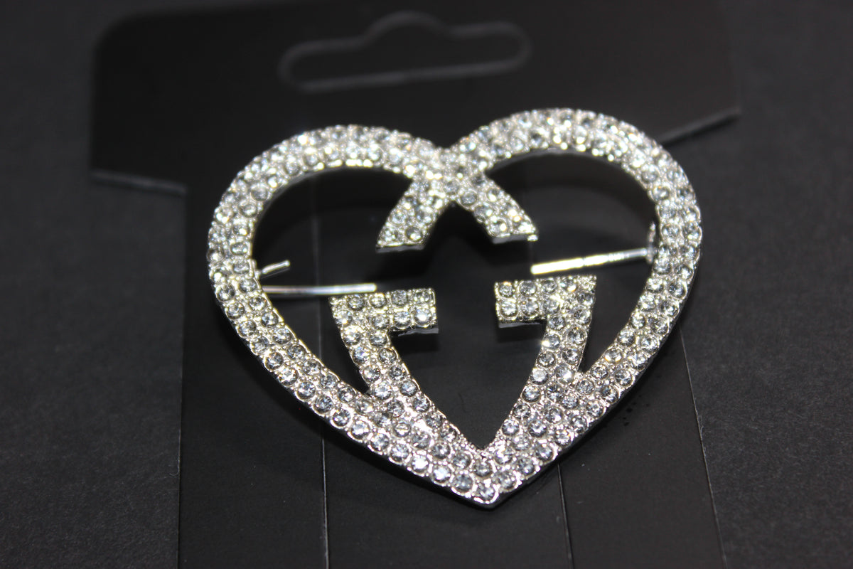 Silver Rhinestone Heart Brooch Pin