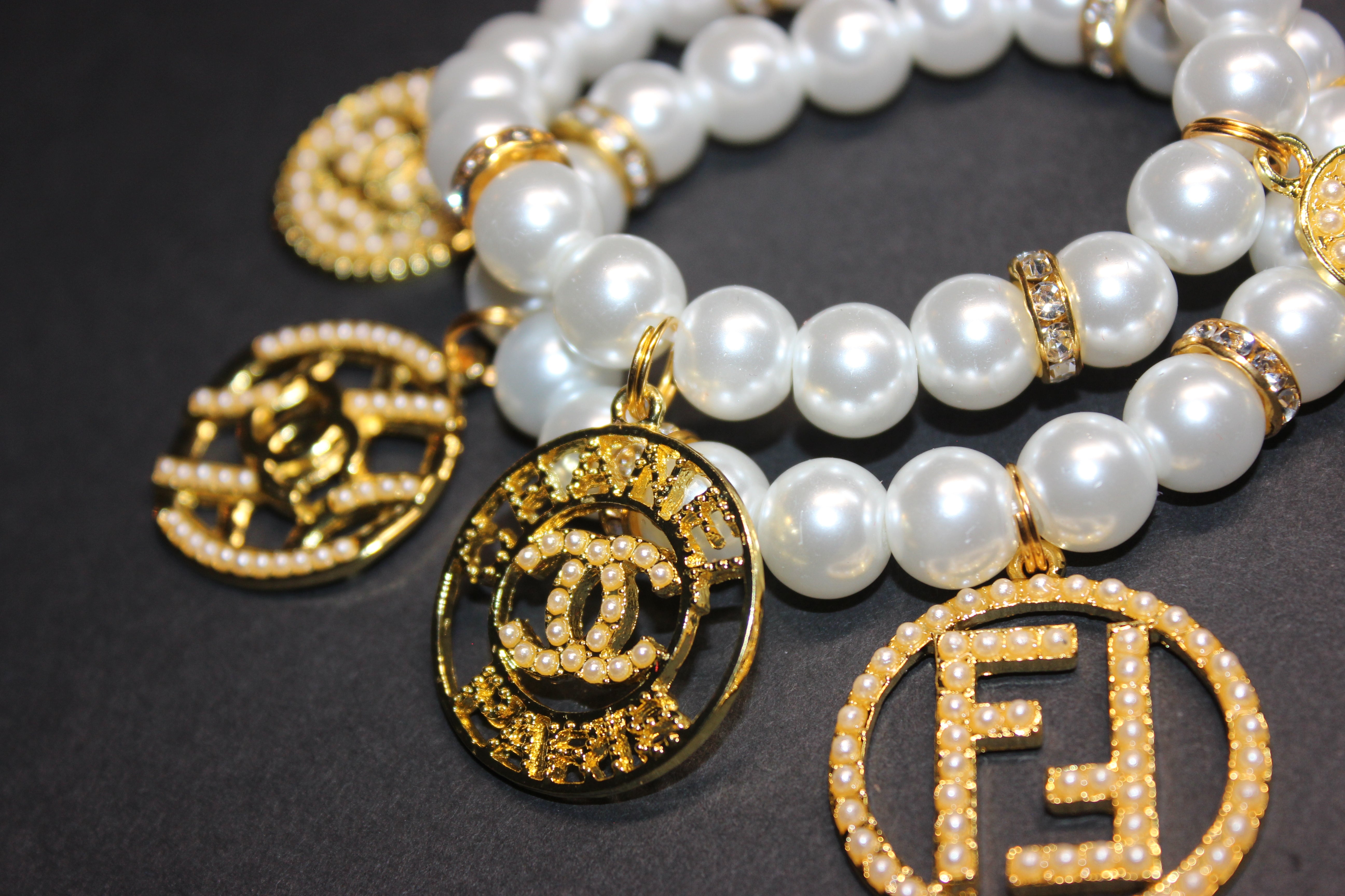 2 Piece White Pearl & Gold Charm Bracelet Set