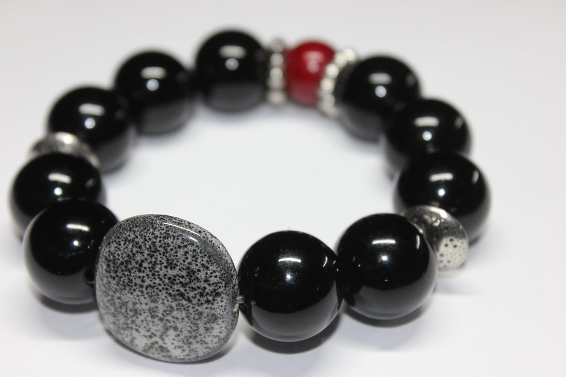 Black Grey & Red Large Beaded Bracelet