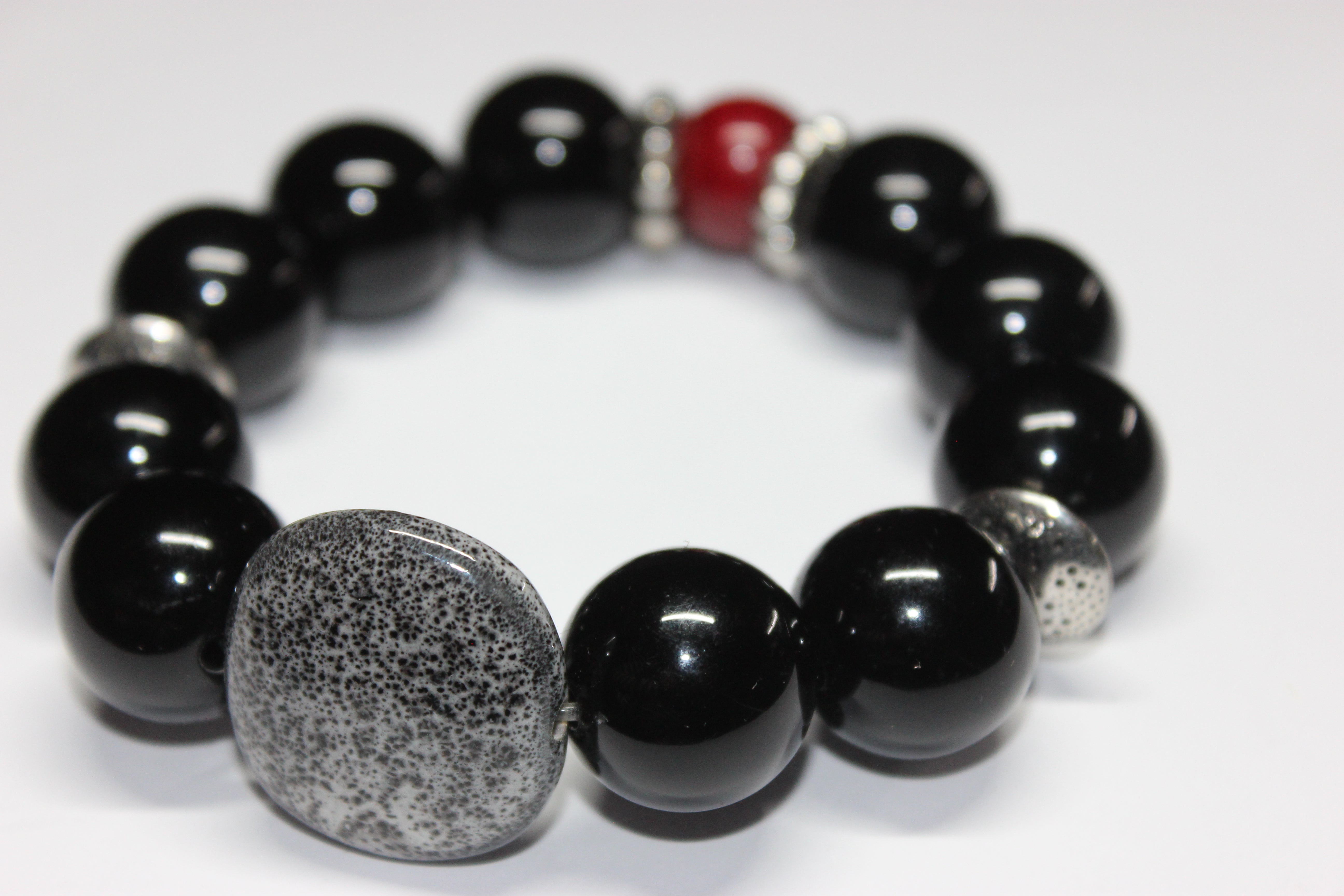 Black Grey & Red Large Beaded Bracelet