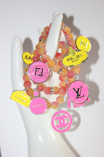 3 Piece Pink Yellow with Silver Charm Bracelet Set