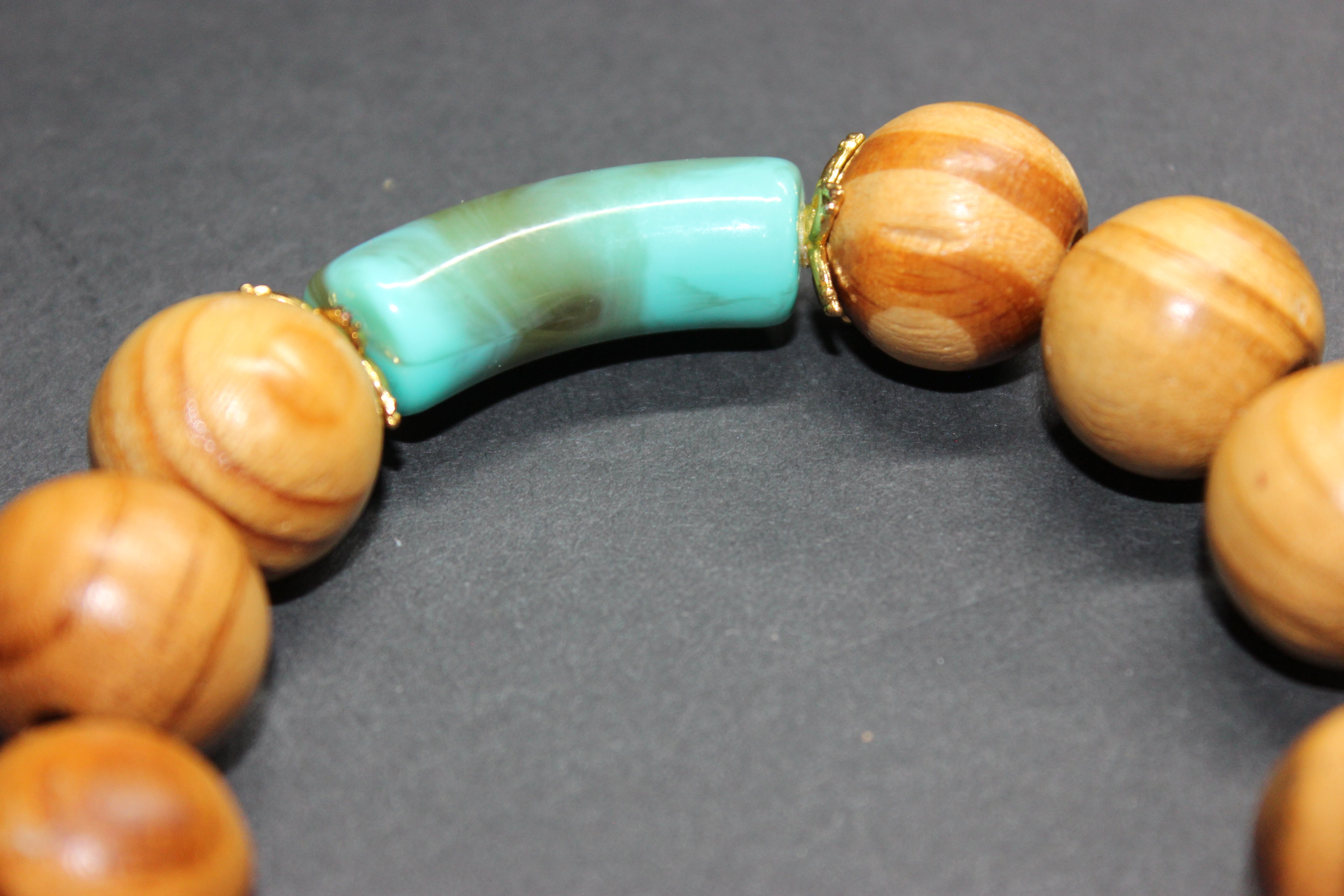 Turquoise W/Gold Wood Beaded Large Bracelet