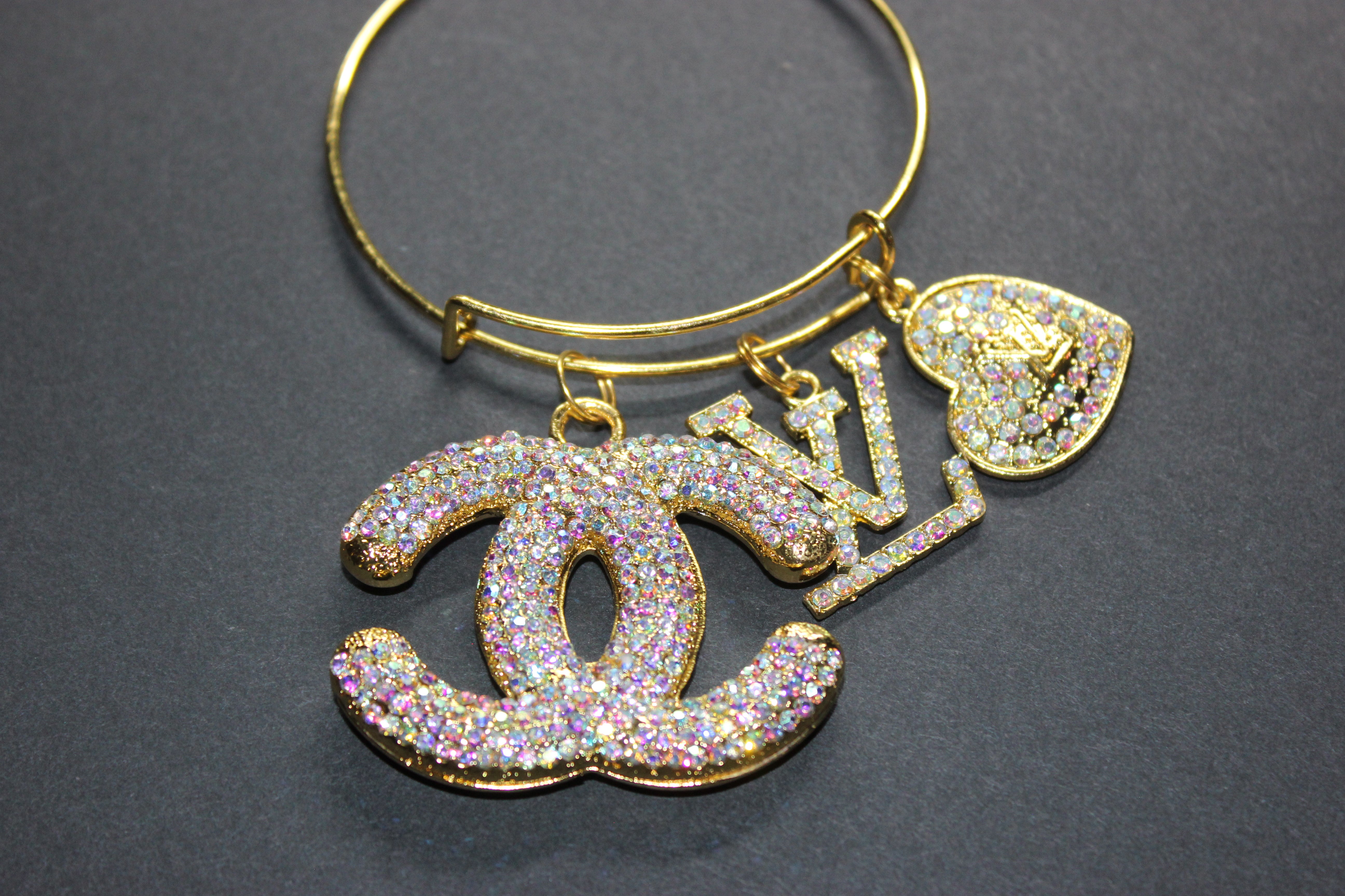 Iridescent & Gold Rhinestone Charm Bangle Bracelet