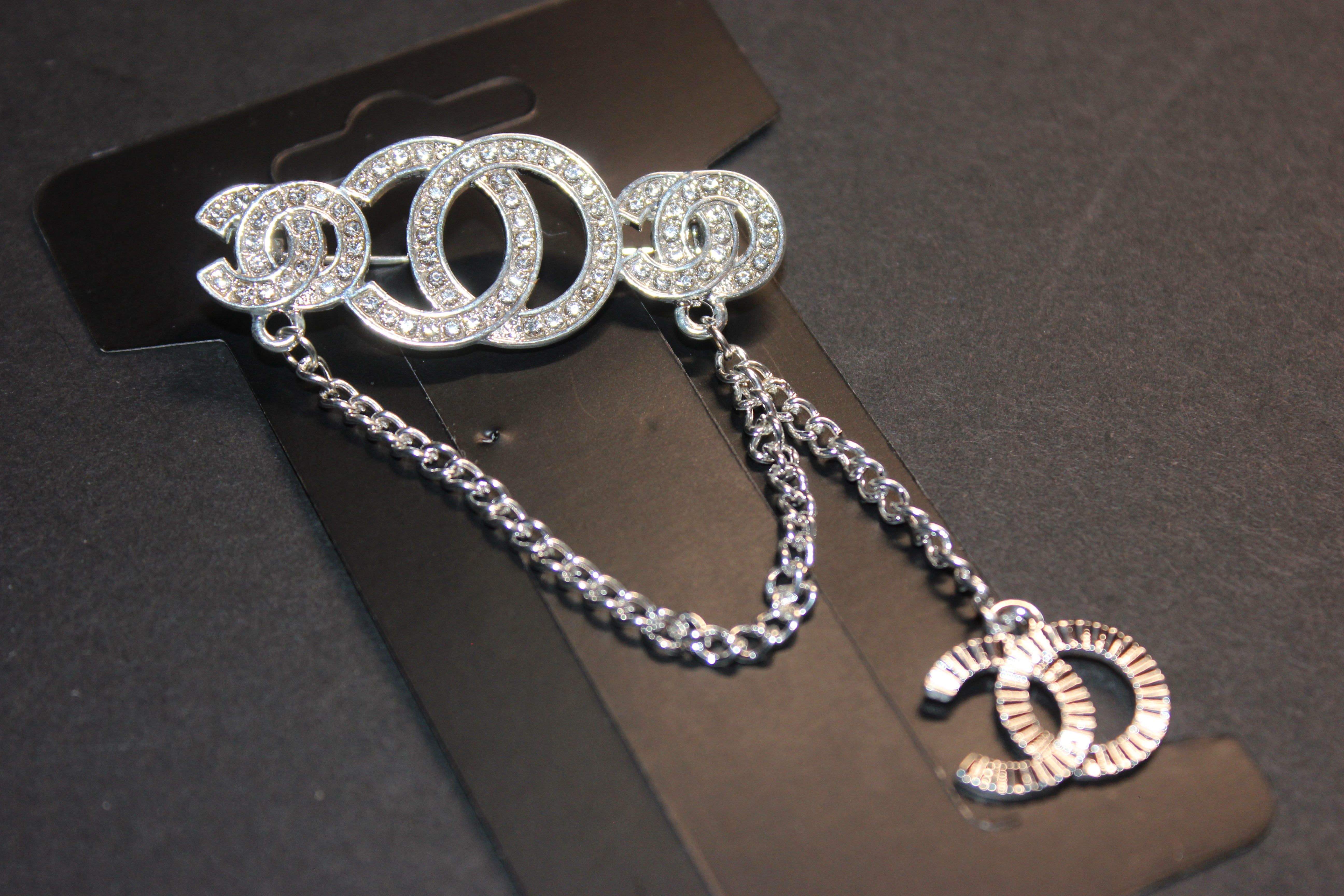 Silver Rhinestone Chain Brooch Pin