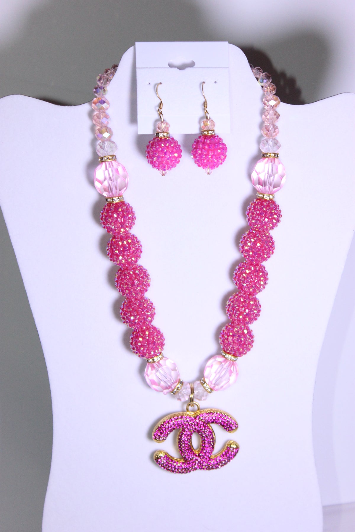 Pink & Gold Rhinestone Charm Necklace & Earrings Set