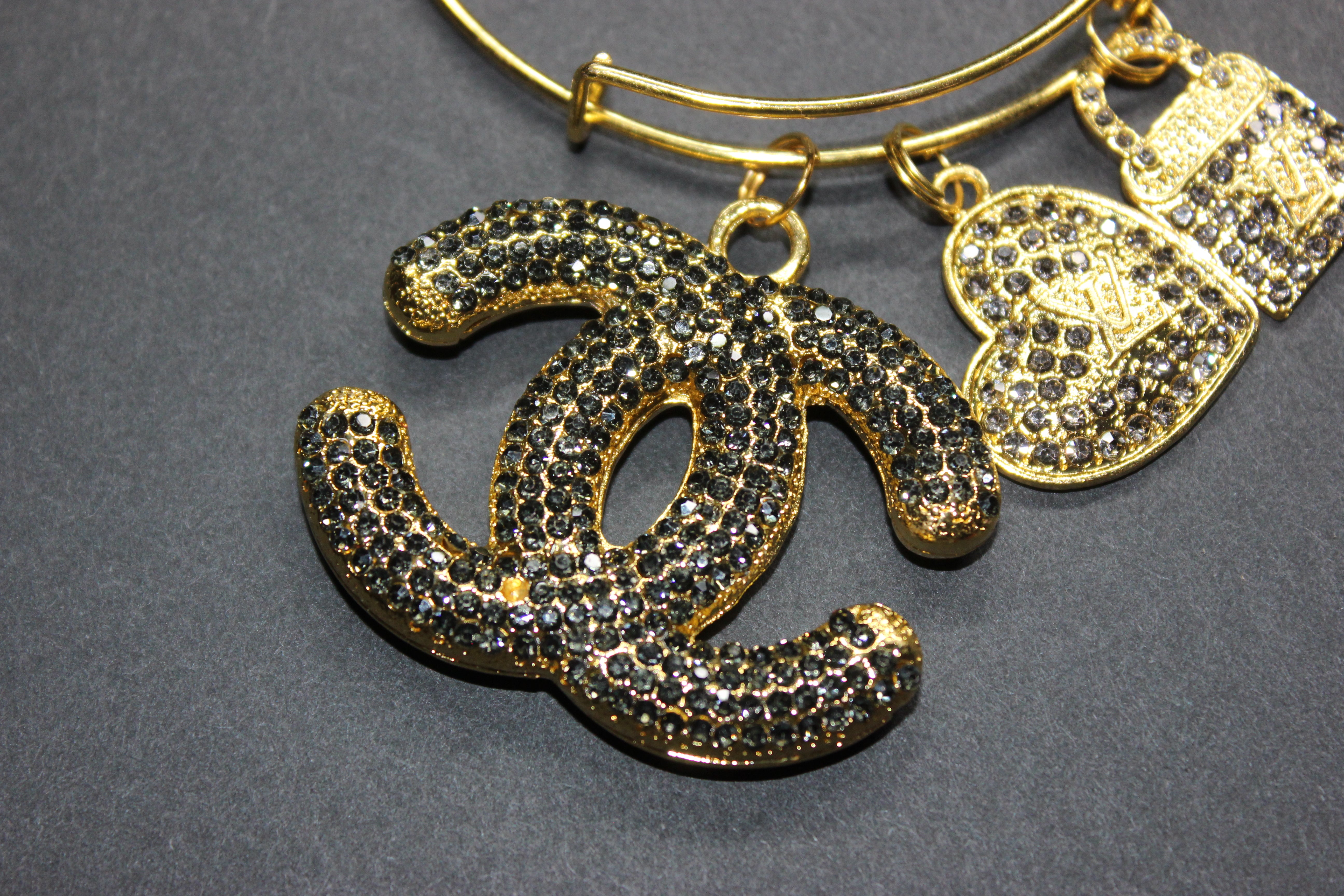 Grey & Gold Rhinestone Charm Bangle