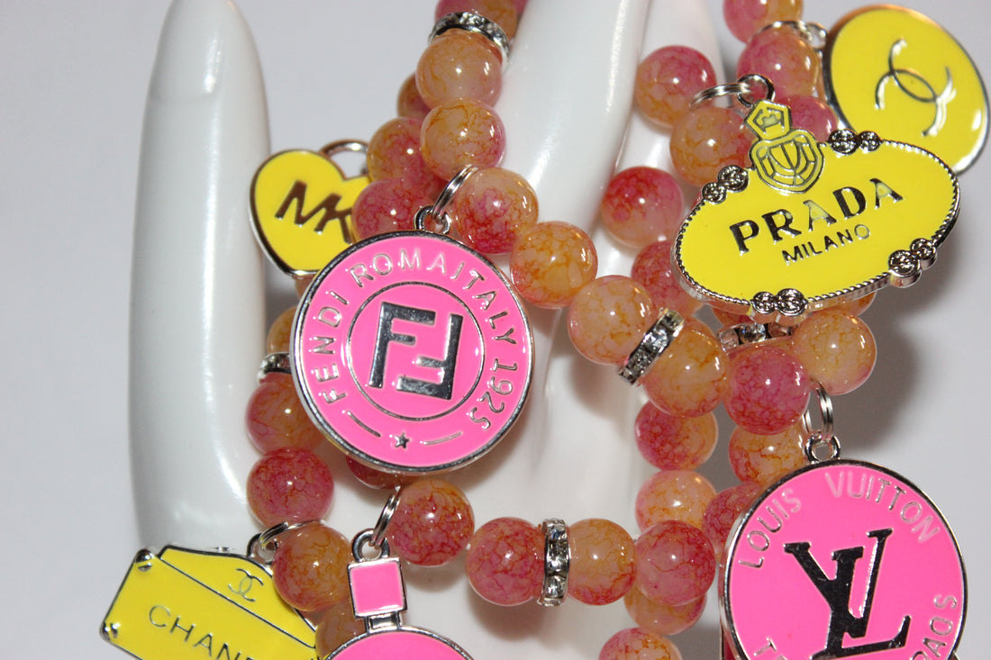 3 Piece Pink Yellow with Silver Charm Bracelet Set