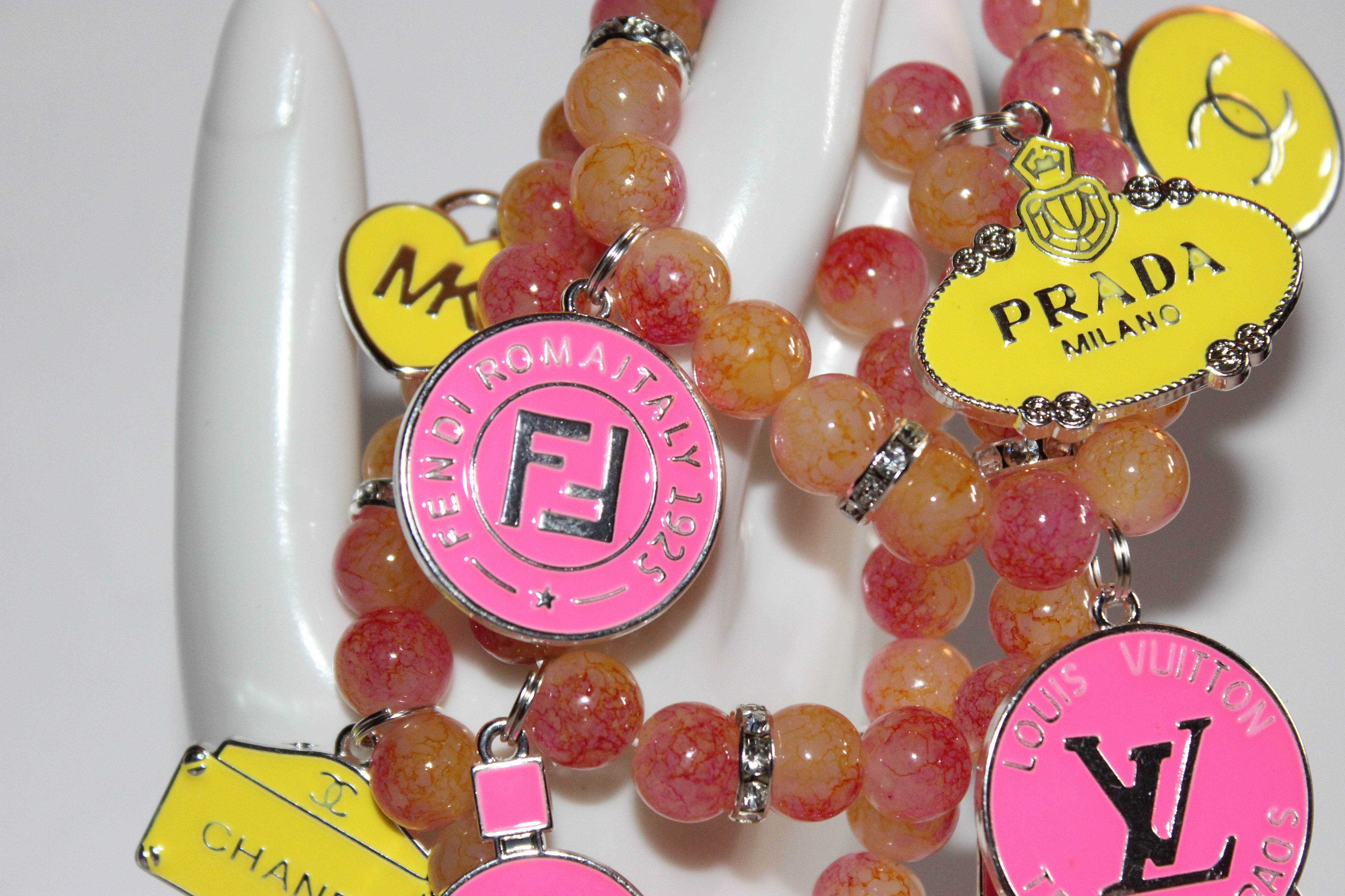 3 Piece Pink Yellow with Silver Charm Bracelet Set